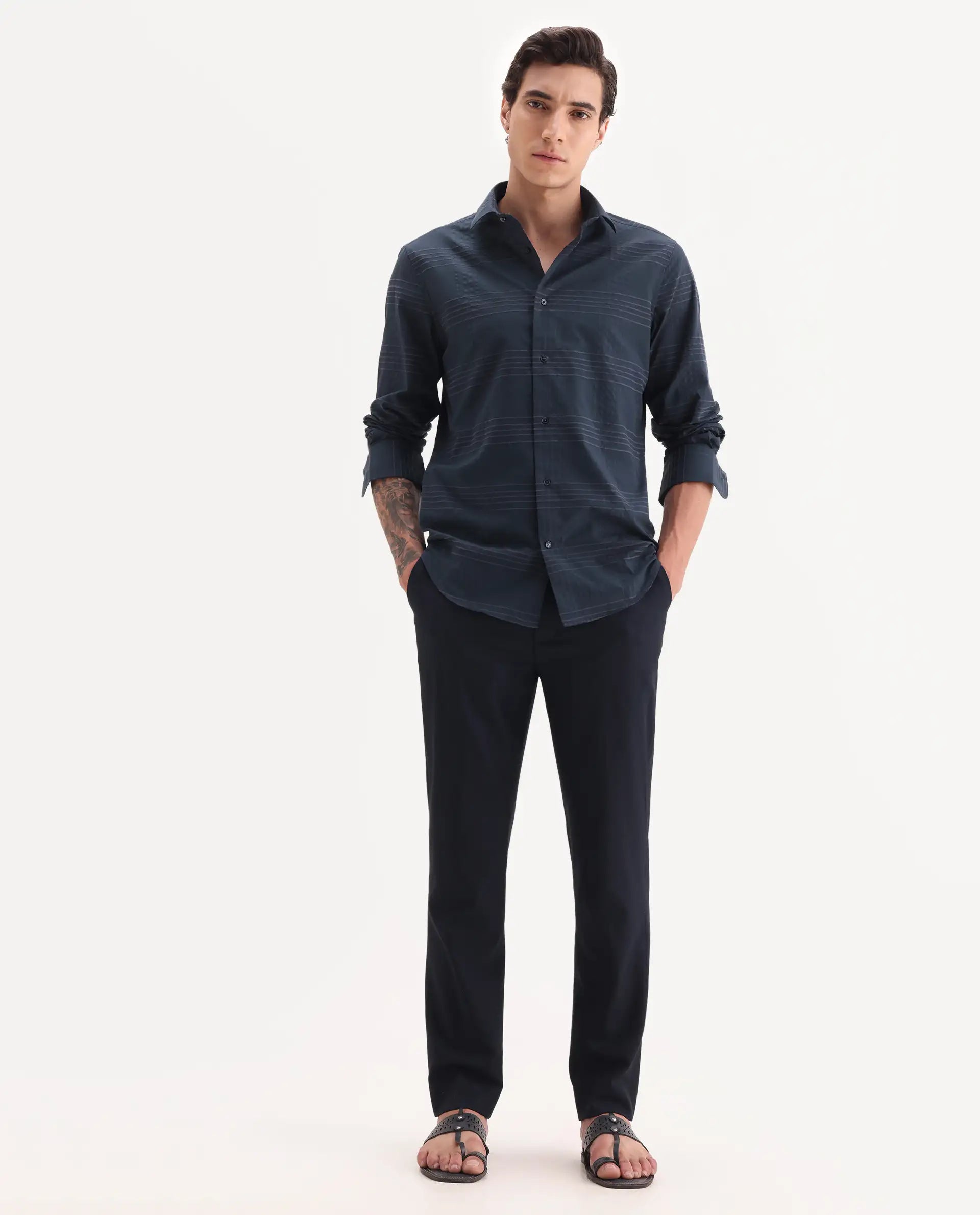 Rare Rabbit Men's Vola-25 Dark Navy Cotton Fabric Full Sleeve Regular Fit Checked Shirt