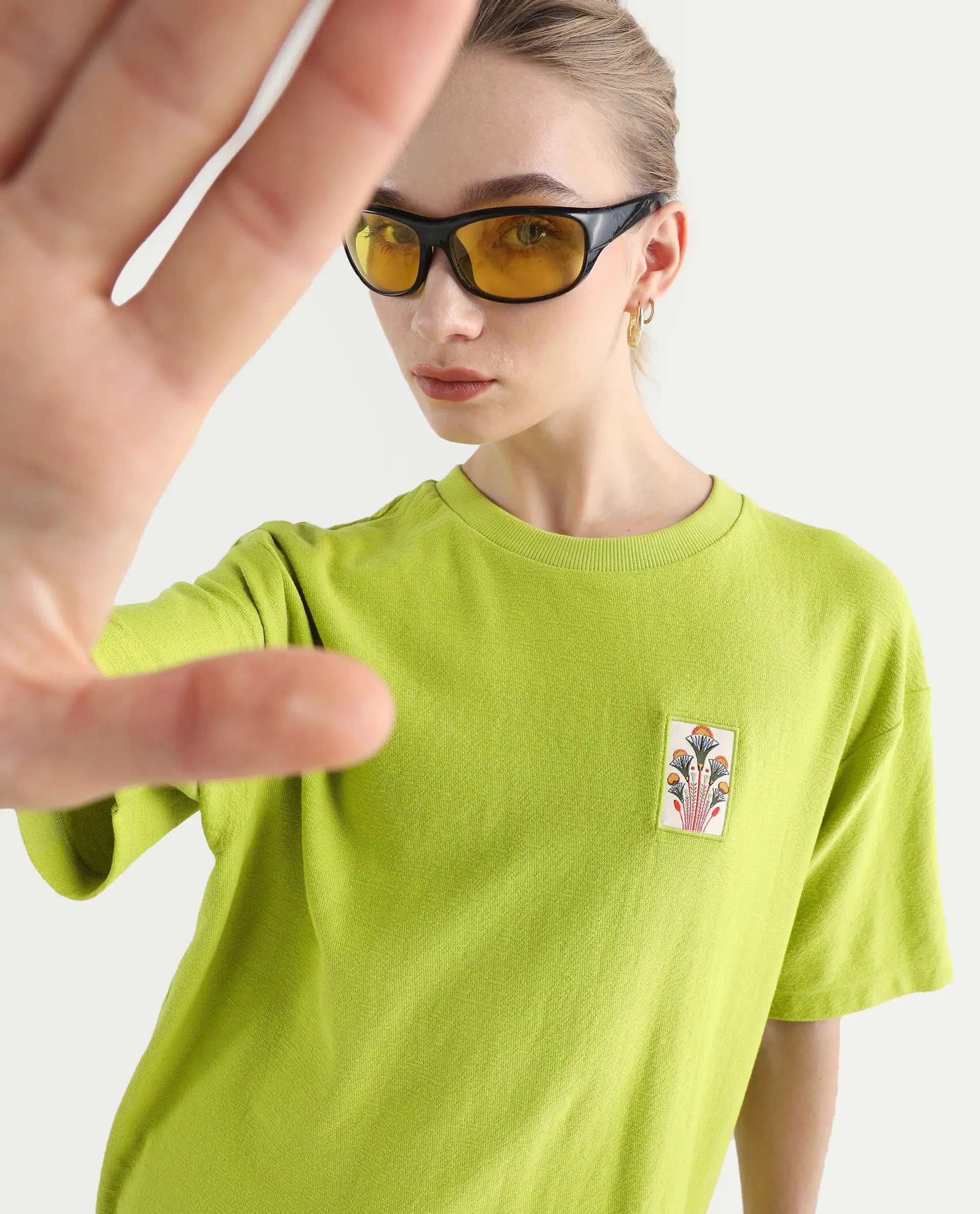 Rareism Women's Volo Green Cotton Graphic Print Oversized T-Shirt