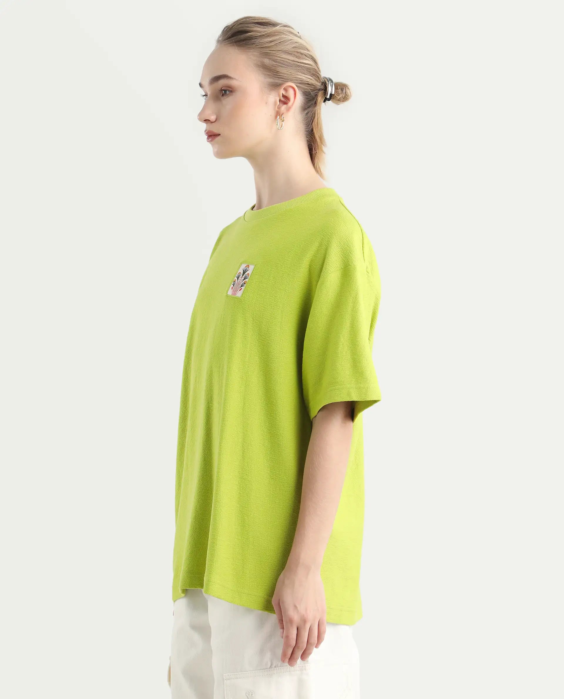 Rareism Women's Volo Green Cotton Graphic Print Oversized T-Shirt