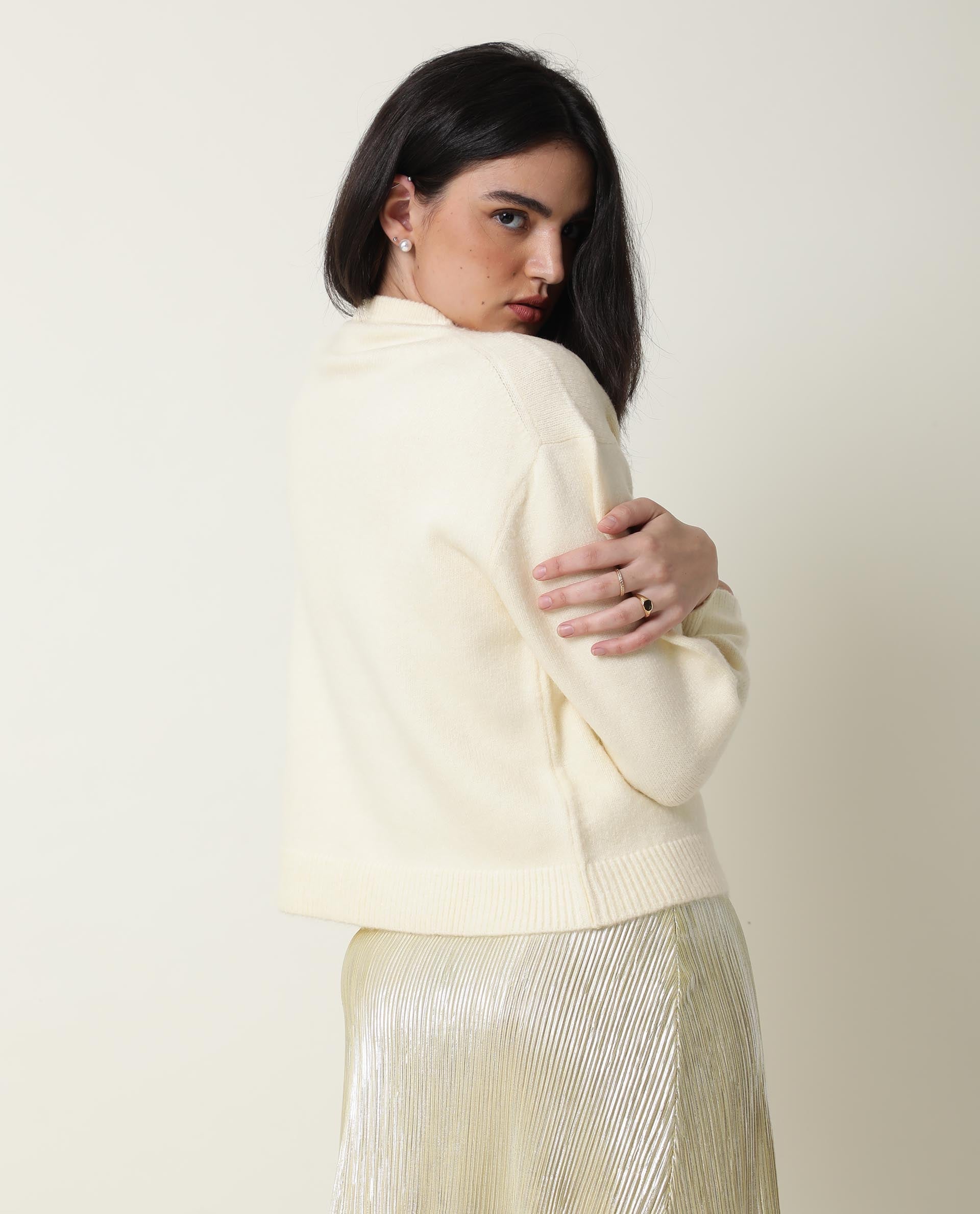 Rareism Women Tulsy Off White Acrylic Fabric Full Sleeves Knee Length Regular Fit Sequined Round Neck Sweater