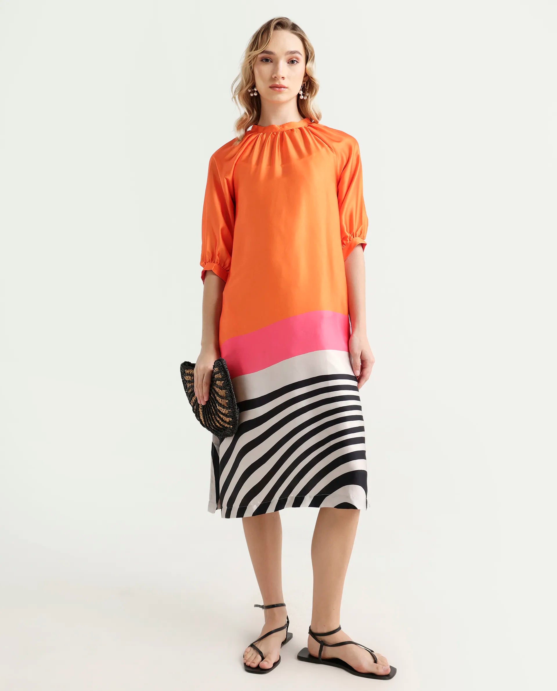 Rareism Women's Waldsa Orange Polyester Blend High Neck Abstract Print Raglan Sleeve Midi Regular Fit Dress