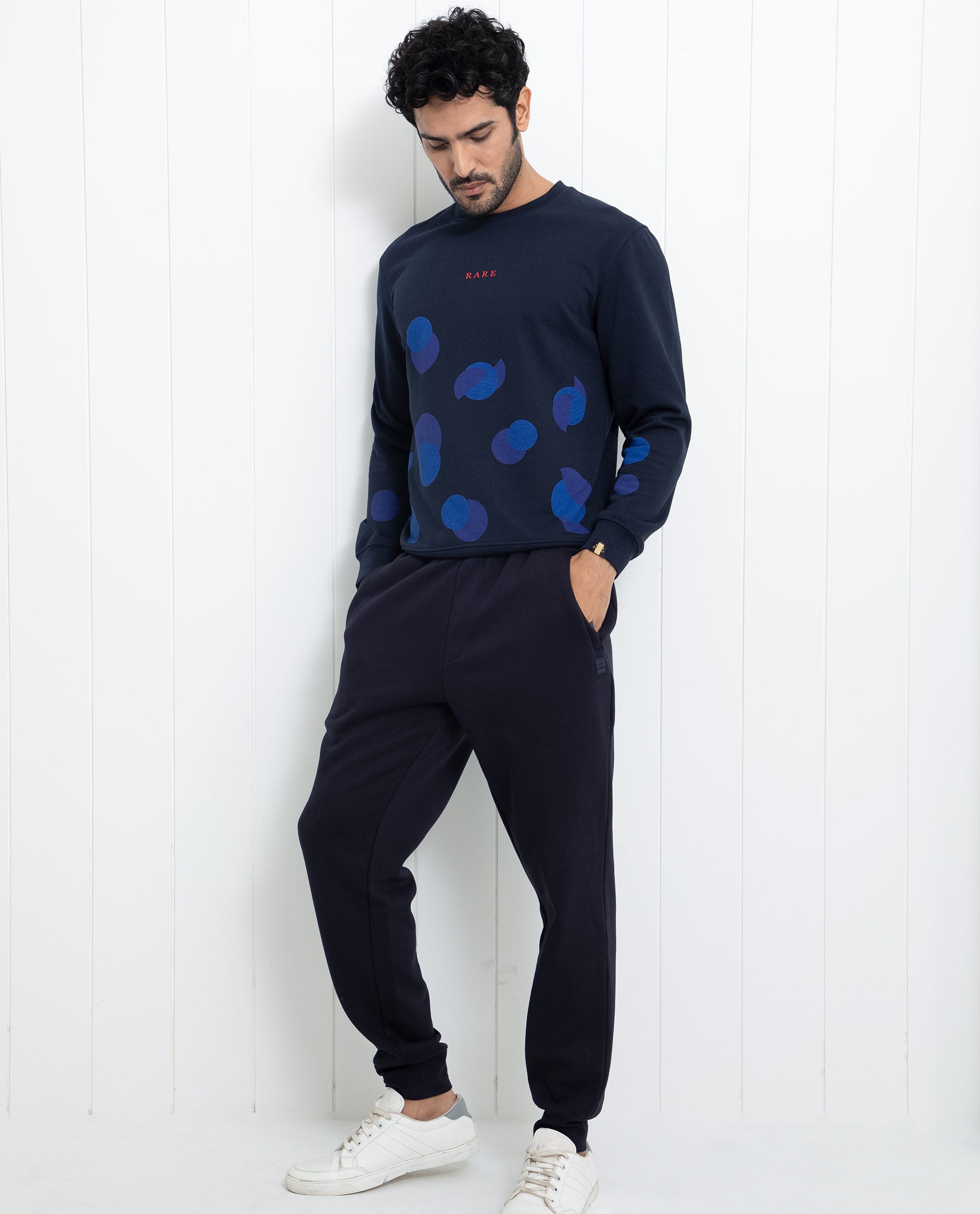 Rare Rabbit Men's Waltz Navy Cotton Polyester Fabric Full Sleeves Graphic Print Knitted Sweatshirt