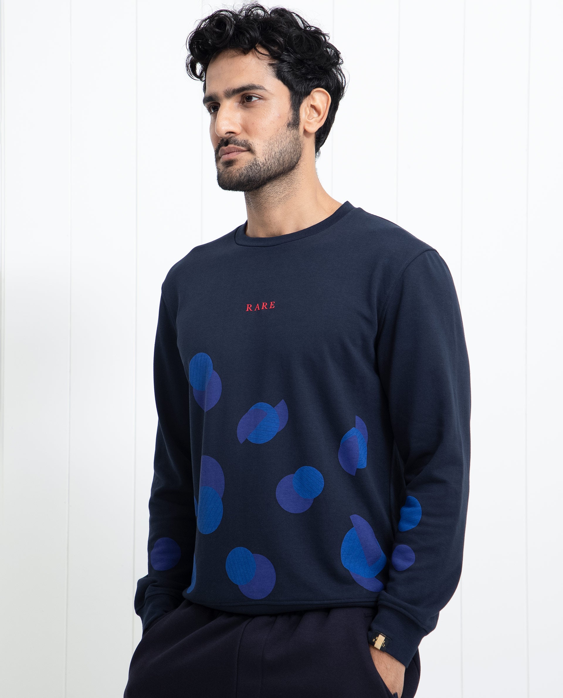 Rare Rabbit Men's Waltz Navy Cotton Polyester Fabric Full Sleeves Graphic Print Knitted Sweatshirt