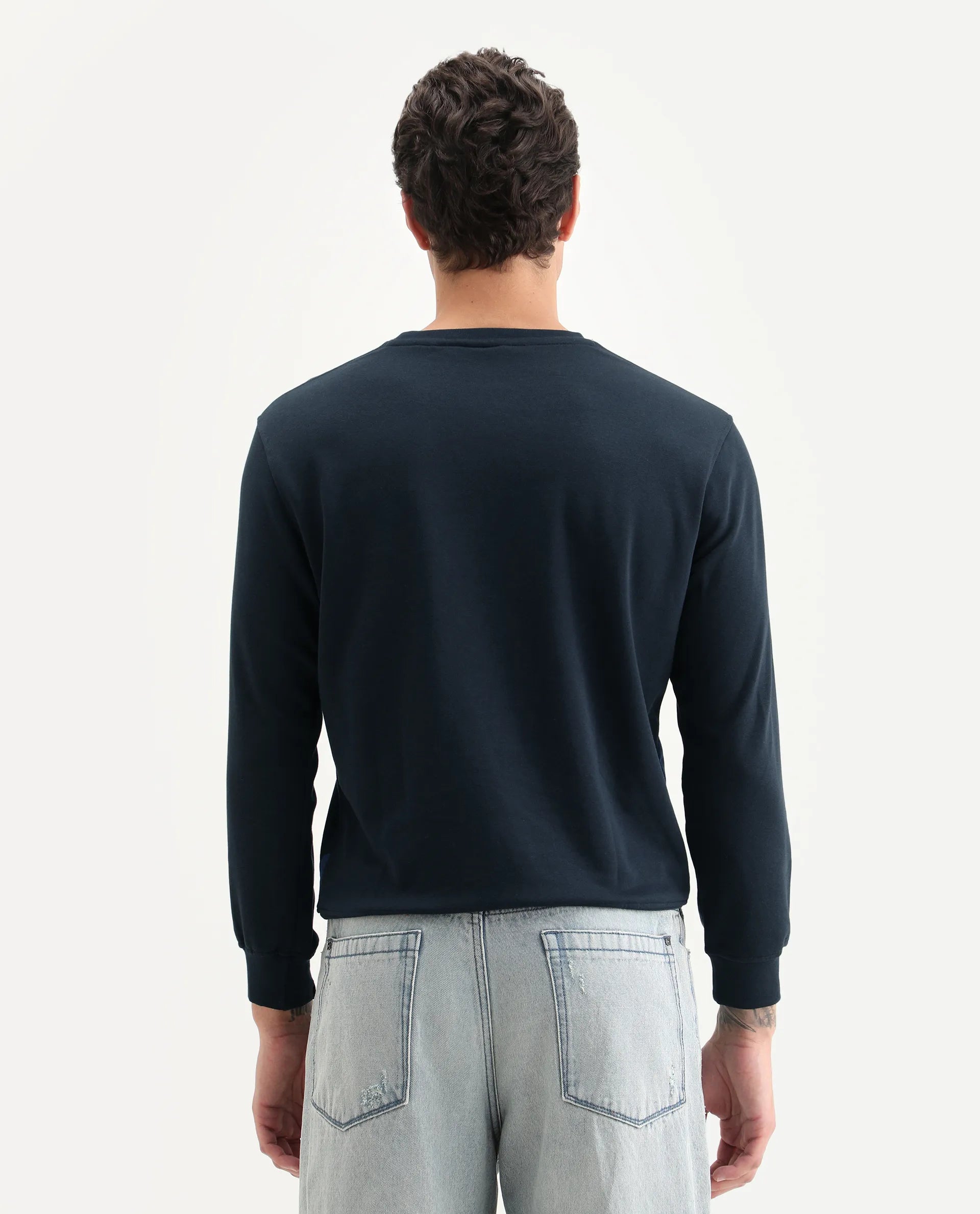 Rare Rabbit Men's Waltz Navy Cotton Graphic Print Regular Fit Full Sleeve Crew Neck Sweatshirt