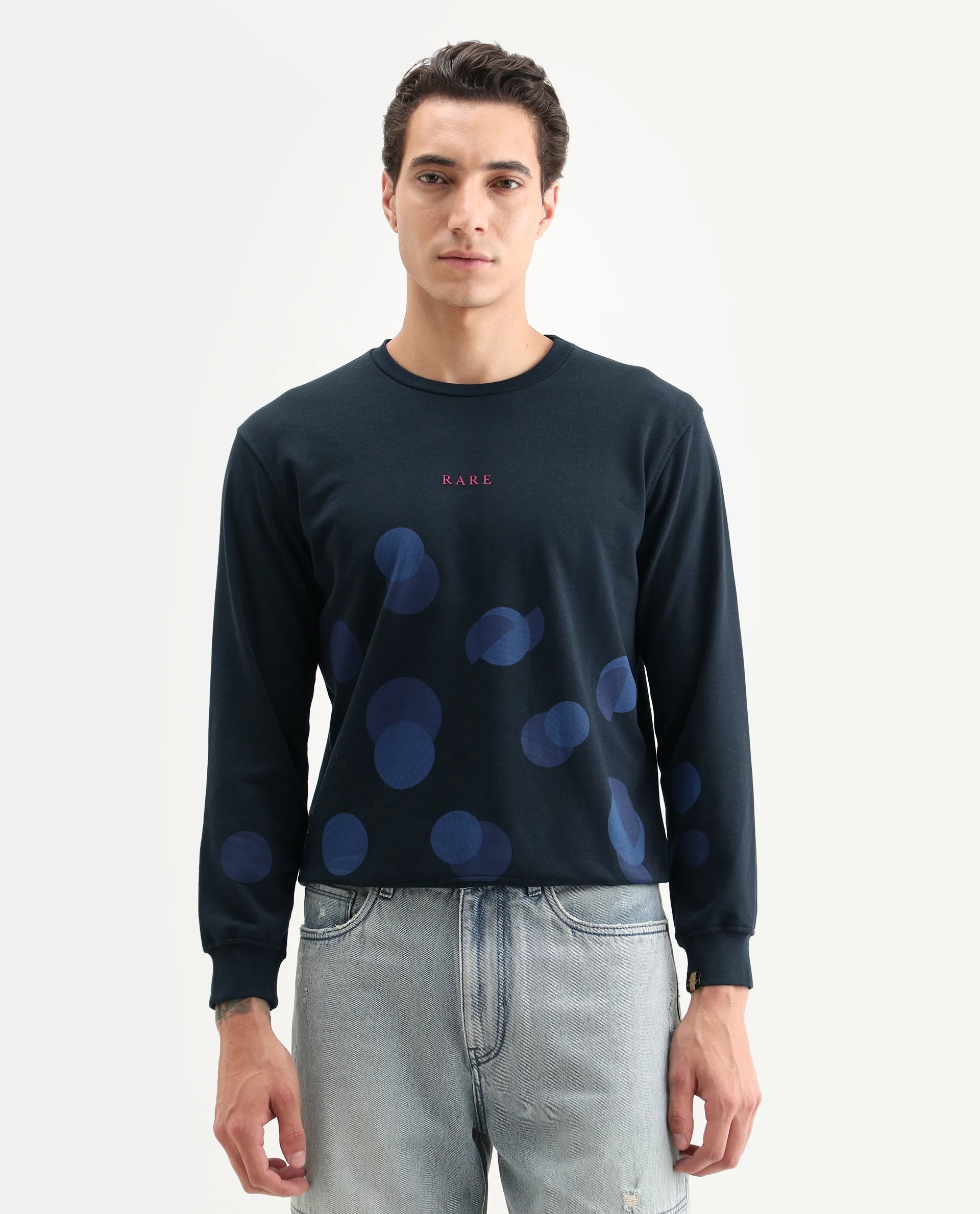 Rare Rabbit Men's Waltz Navy Cotton Graphic Print Regular Fit Full Sleeve Crew Neck Sweatshirt