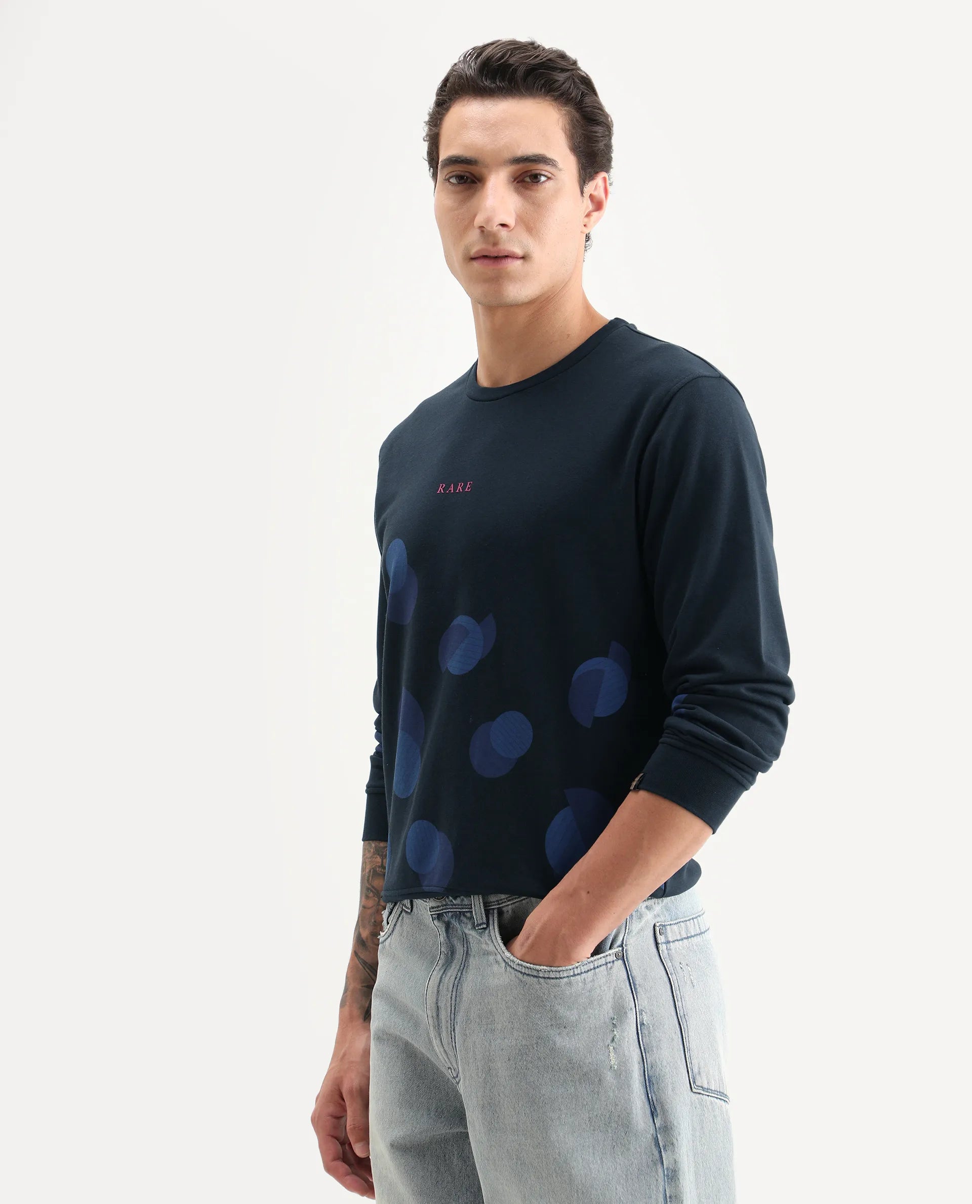Rare Rabbit Men's Waltz Navy Cotton Graphic Print Regular Fit Full Sleeve Crew Neck Sweatshirt