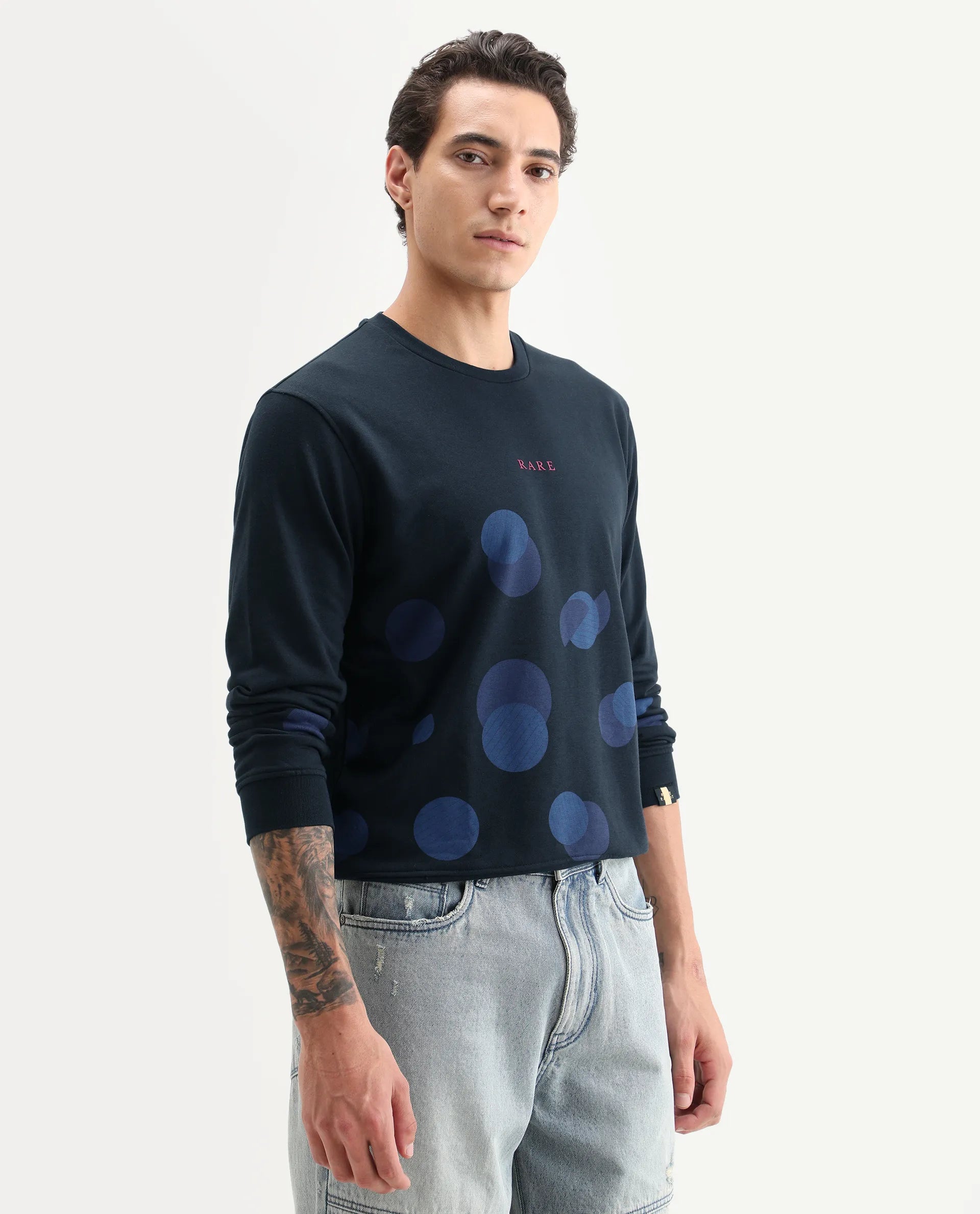 Rare Rabbit Men's Waltz Navy Cotton Graphic Print Regular Fit Full Sleeve Crew Neck Sweatshirt