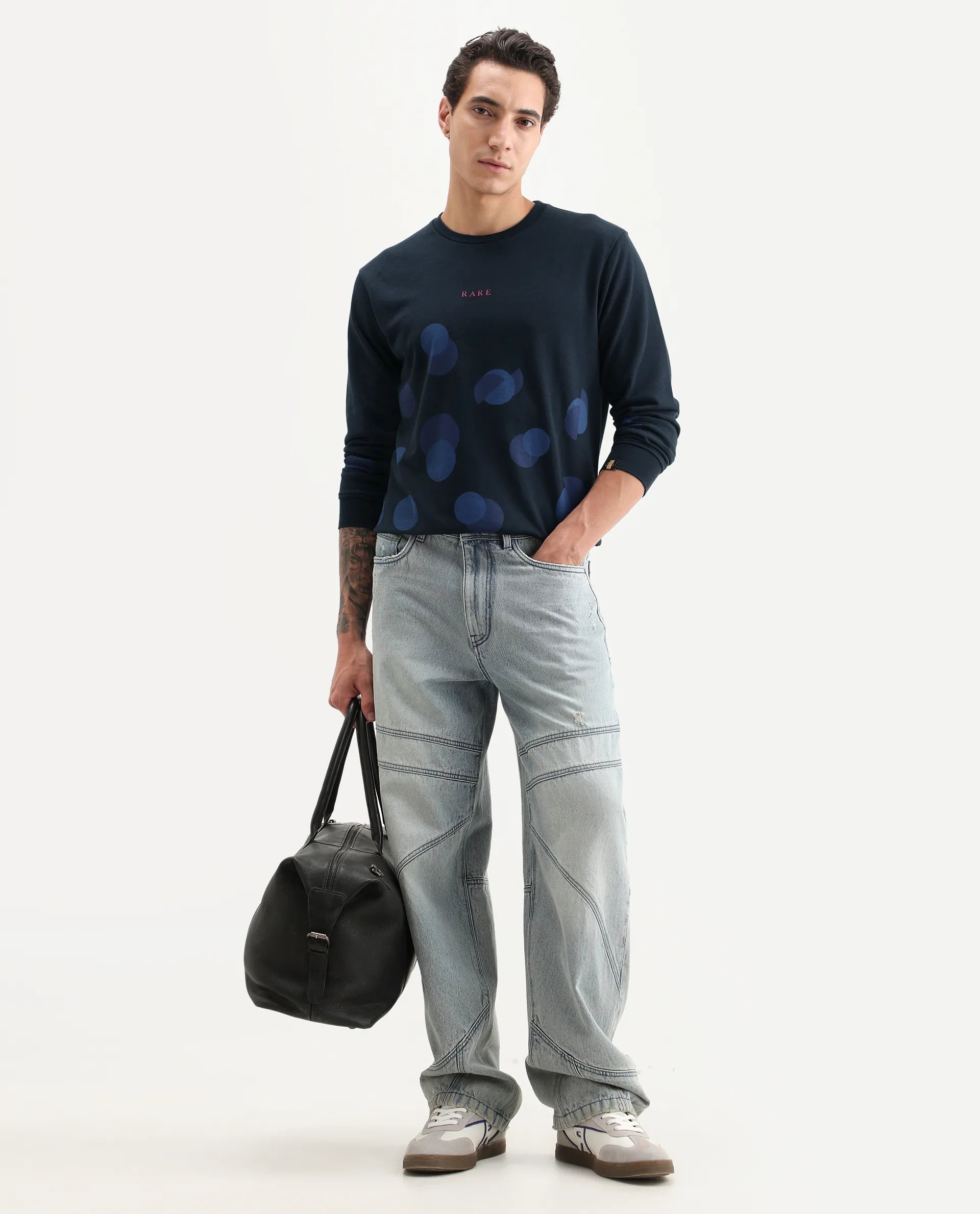Rare Rabbit Men's Waltz Navy Cotton Graphic Print Regular Fit Full Sleeve Crew Neck Sweatshirt