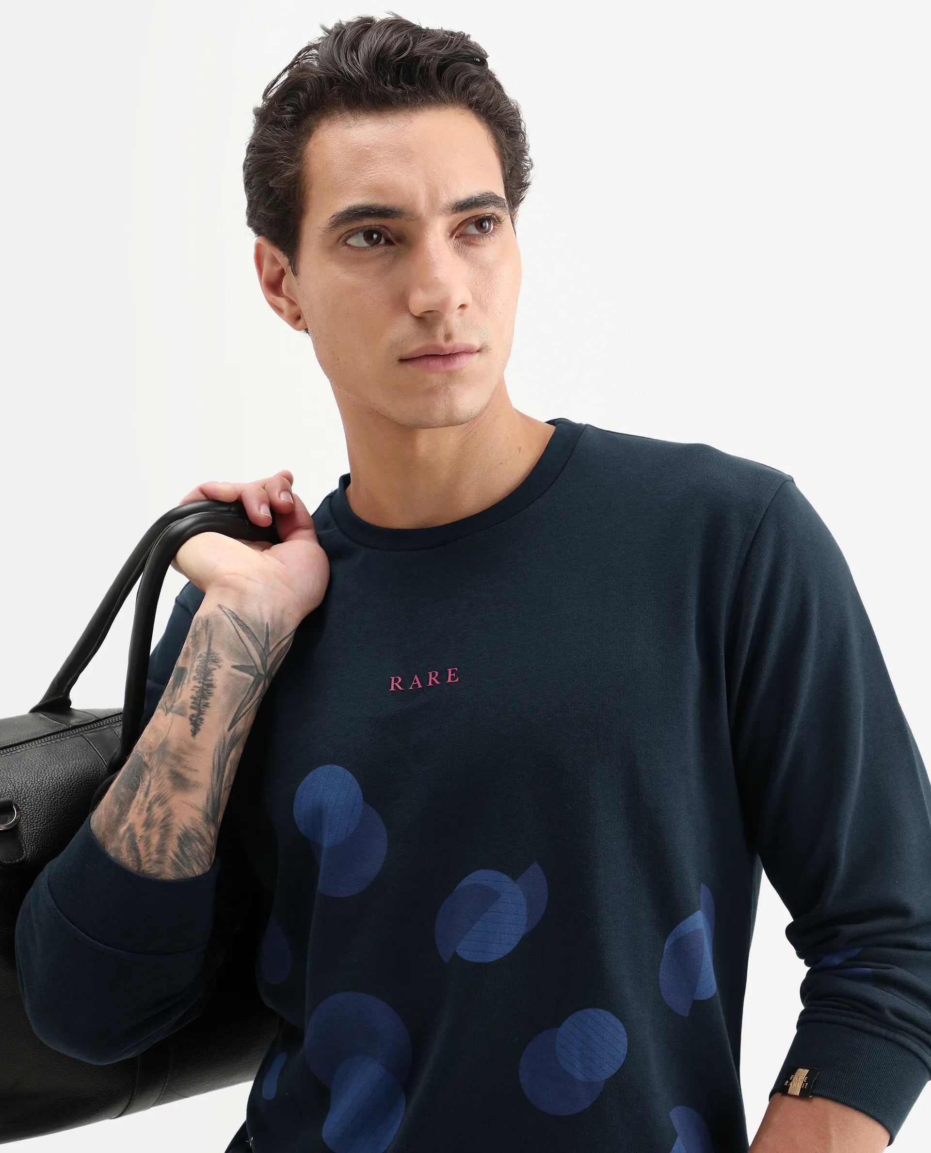Rare Rabbit Men's Waltz Navy Cotton Graphic Print Regular Fit Full Sleeve Crew Neck Sweatshirt