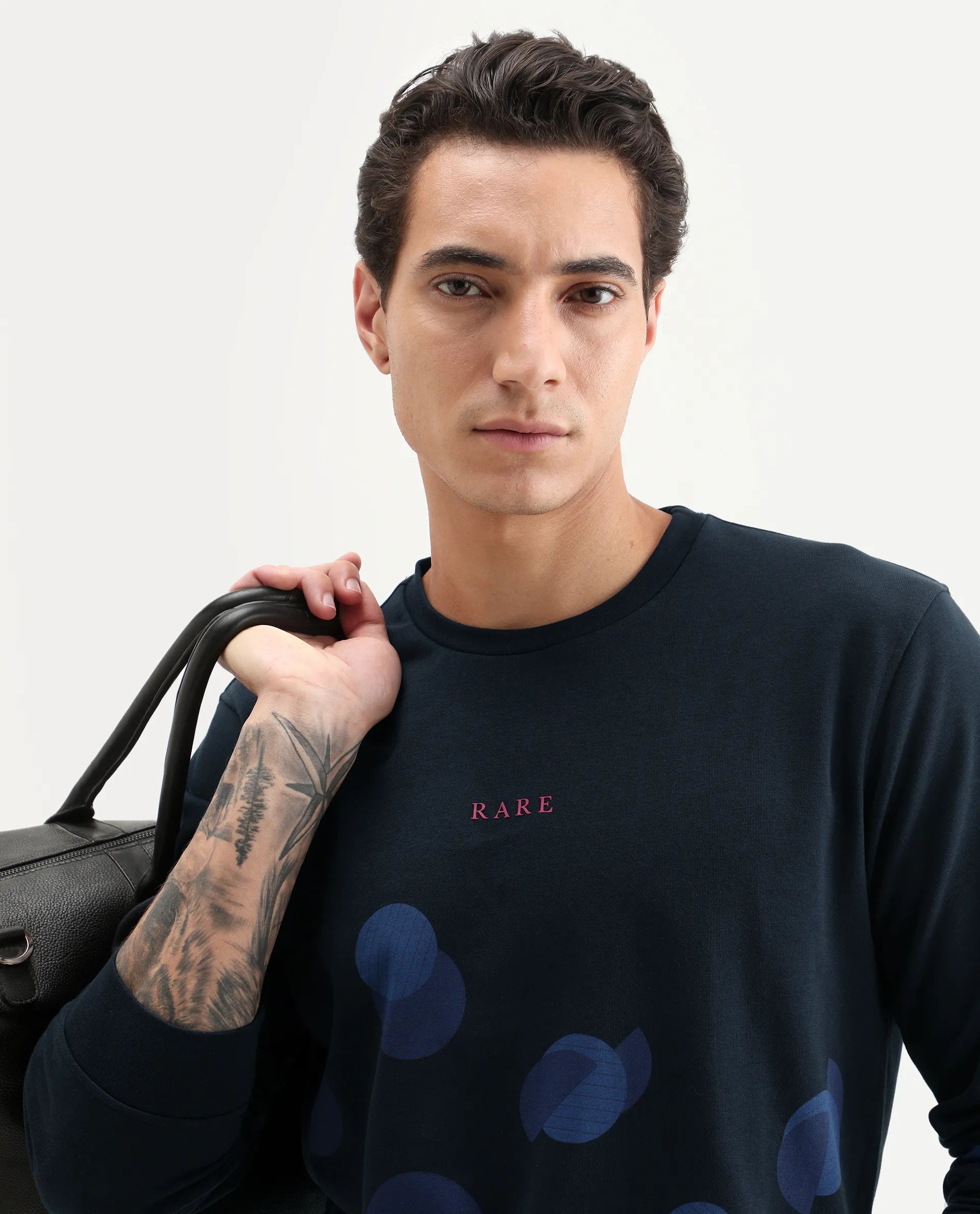 Rare Rabbit Men's Waltz Navy Cotton Graphic Print Regular Fit Full Sleeve Crew Neck Sweatshirt