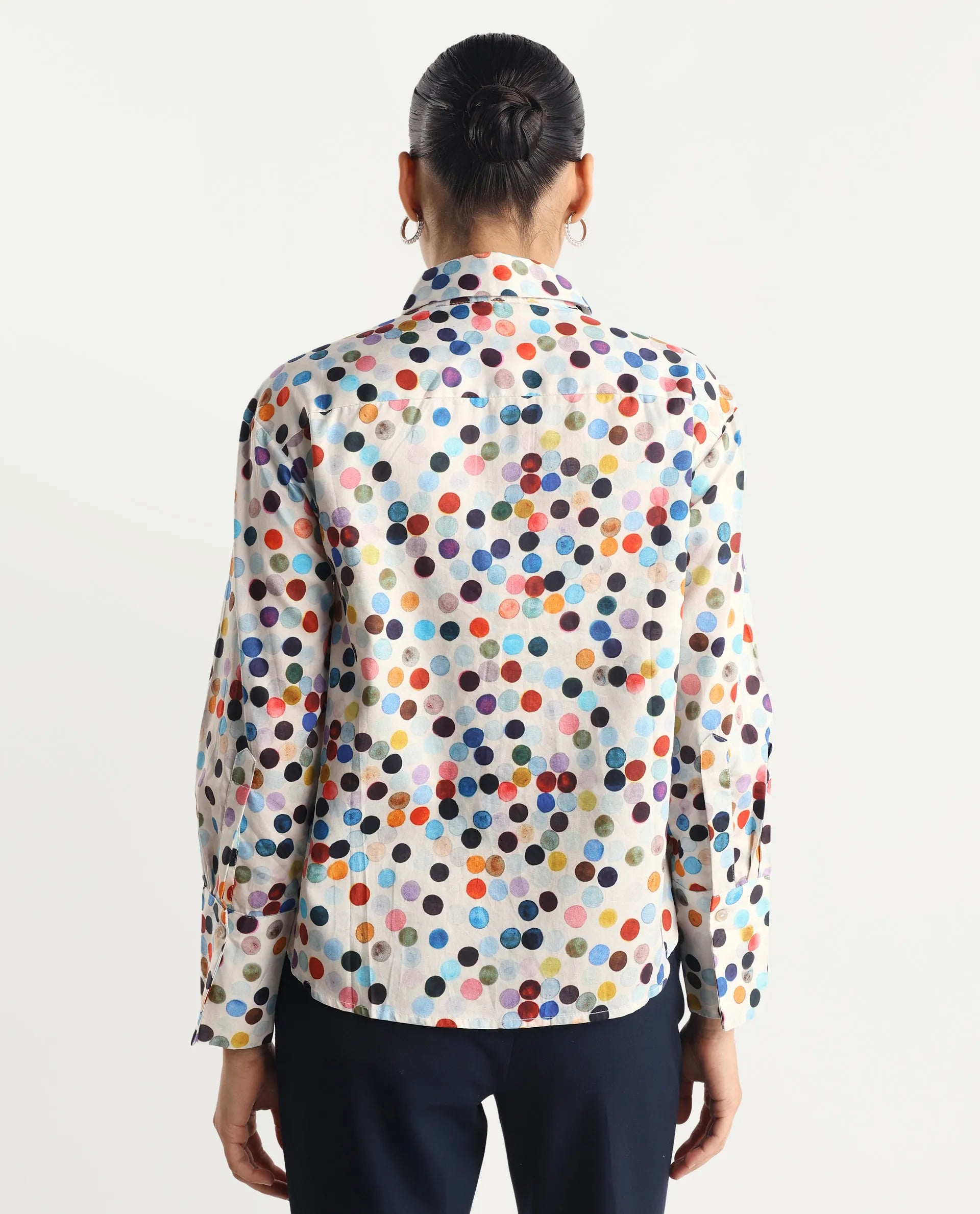 Rareism Women's Wanice Light Mullti Cotton Blend Drop Collar Polka Print Cuffed Sleeve Regular Fit Top