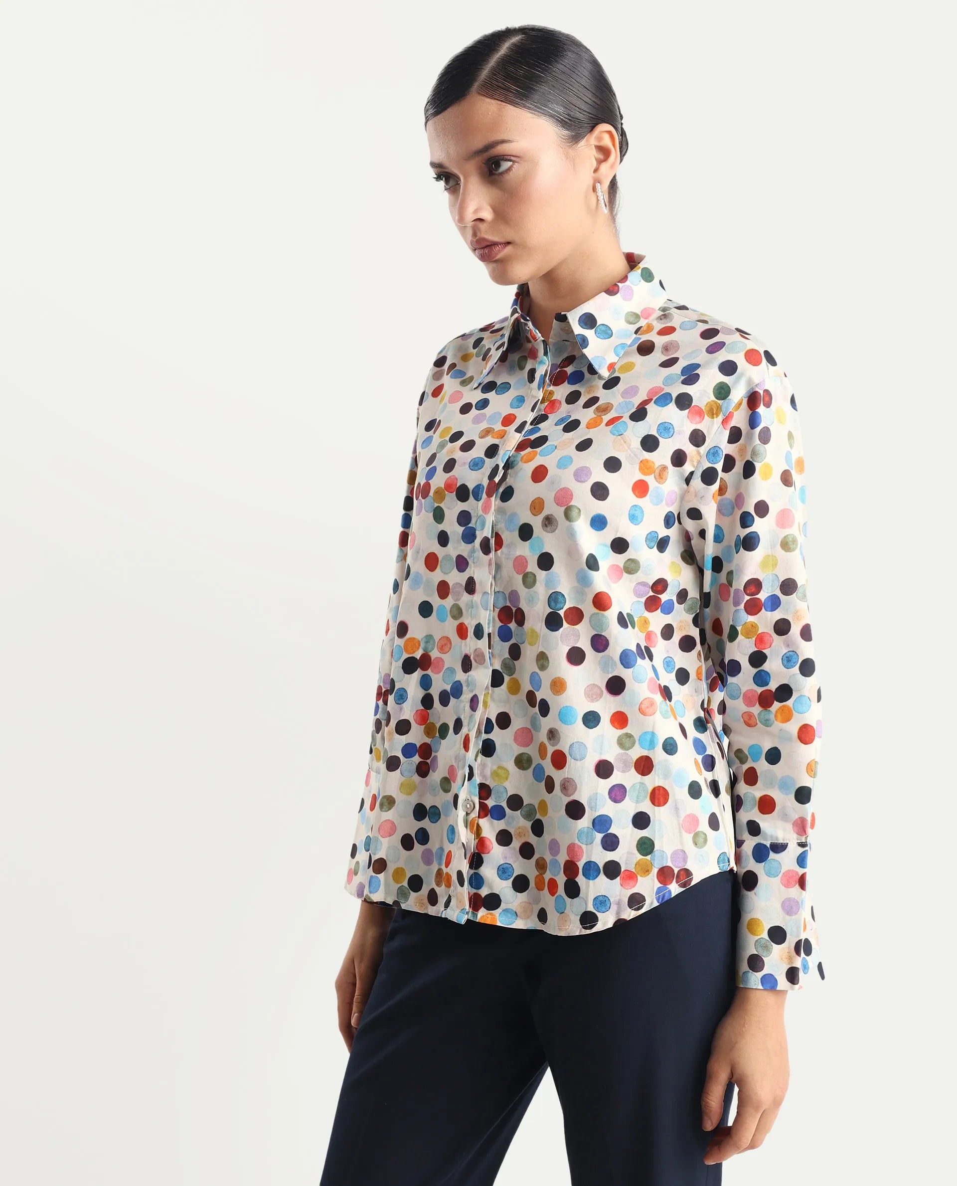 Rareism Women's Wanice Light Mullti Cotton Blend Drop Collar Polka Print Cuffed Sleeve Regular Fit Top
