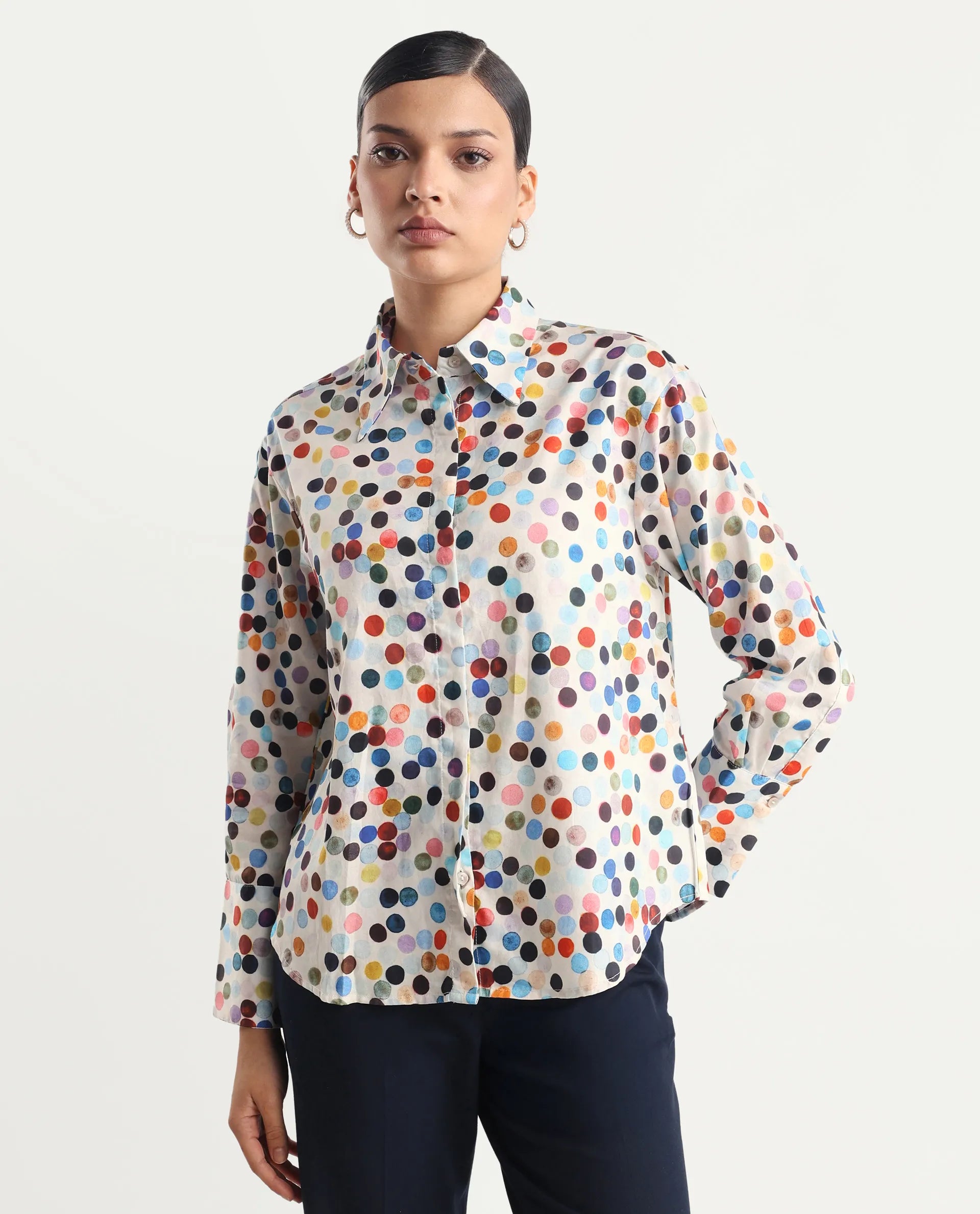 Rareism Women's Wanice Light Mullti Cotton Blend Drop Collar Polka Print Cuffed Sleeve Regular Fit Top