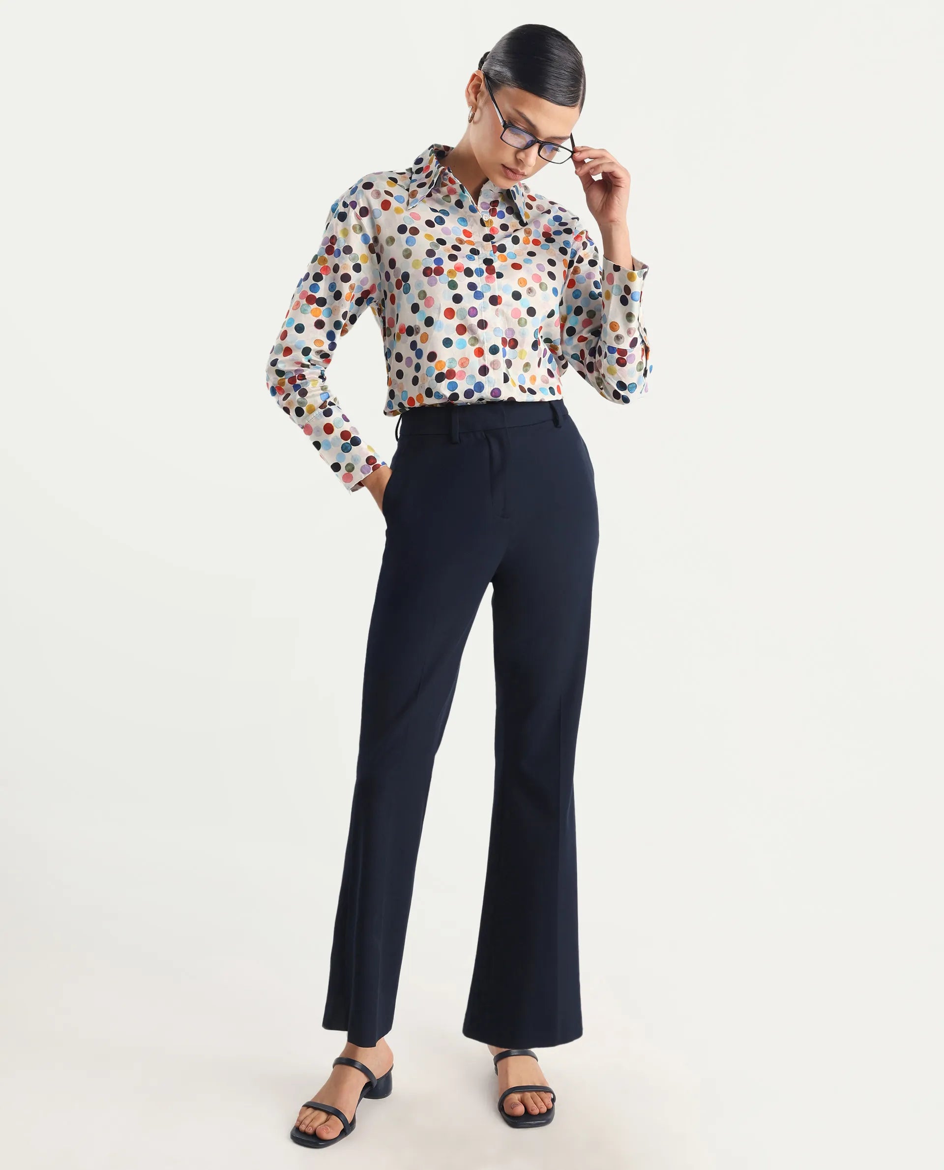 Rareism Women's Wanice Light Mullti Cotton Blend Drop Collar Polka Print Cuffed Sleeve Regular Fit Top