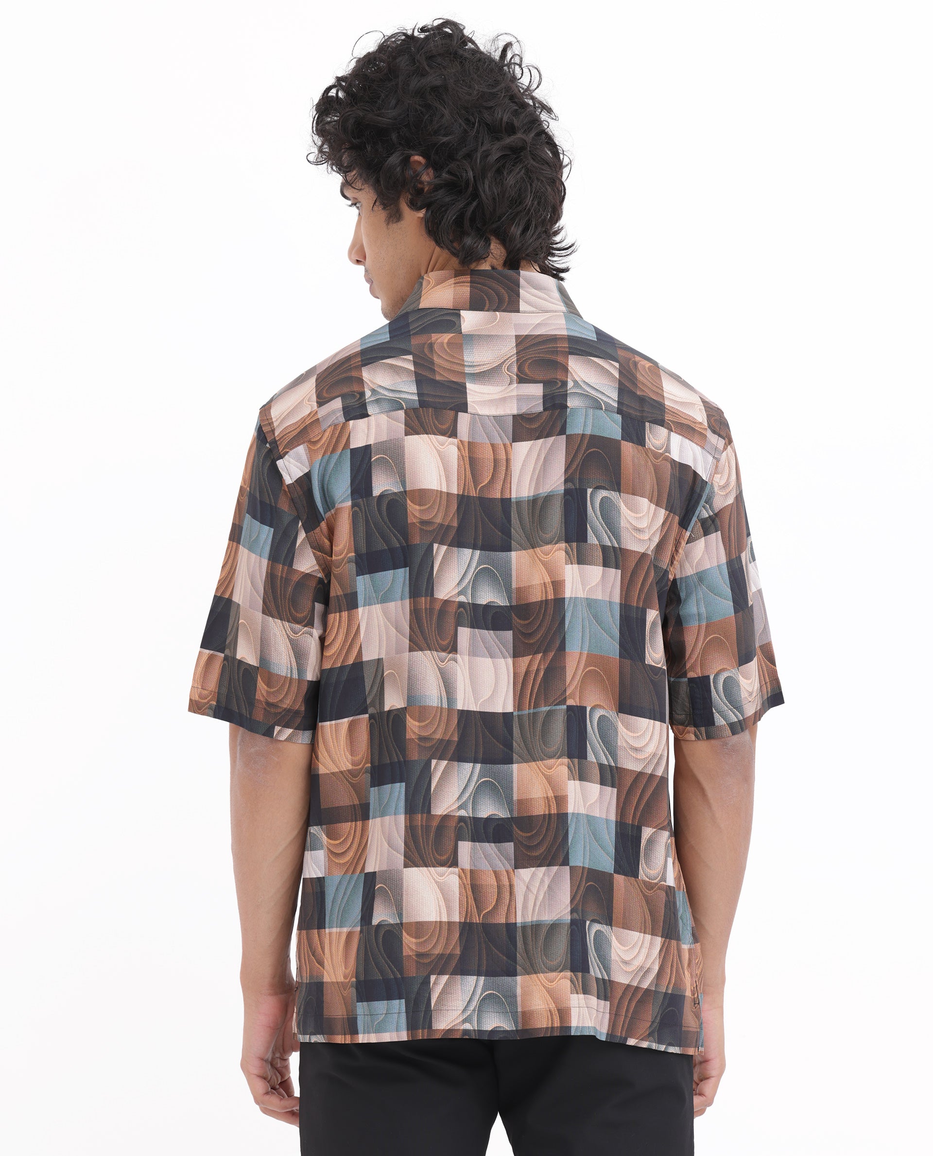 Rare Rabbit Men's Waven Brown Viscose Fabric Half Sleeves Boxy Fit Abstract Print Shirt