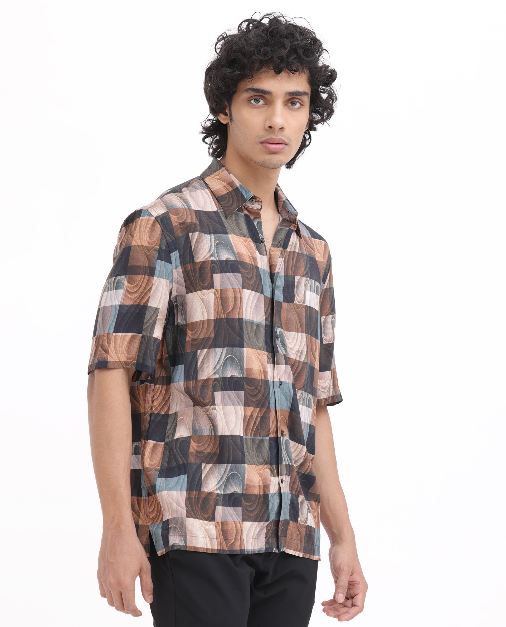 Rare Rabbit Men's Waven Brown Viscose Fabric Half Sleeves Boxy Fit Abstract Print Shirt