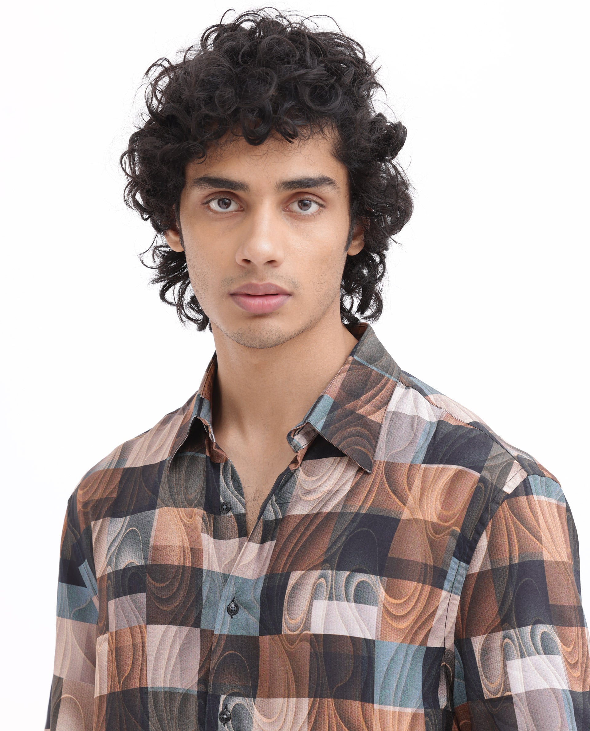 Rare Rabbit Men's Waven Brown Viscose Fabric Half Sleeves Boxy Fit Abstract Print Shirt