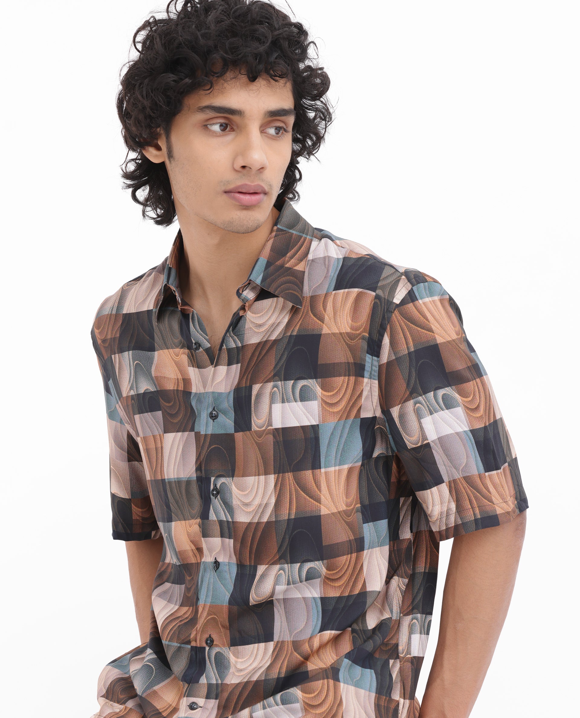 Rare Rabbit Men's Waven Brown Viscose Fabric Half Sleeves Boxy Fit Abstract Print Shirt