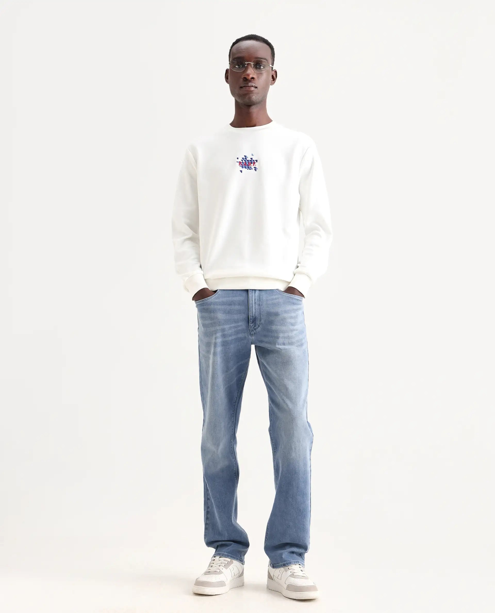 Rare Rabbit Men's Wavey Light Blue Cotton Blend Plain Morris Regular Fit Jeans