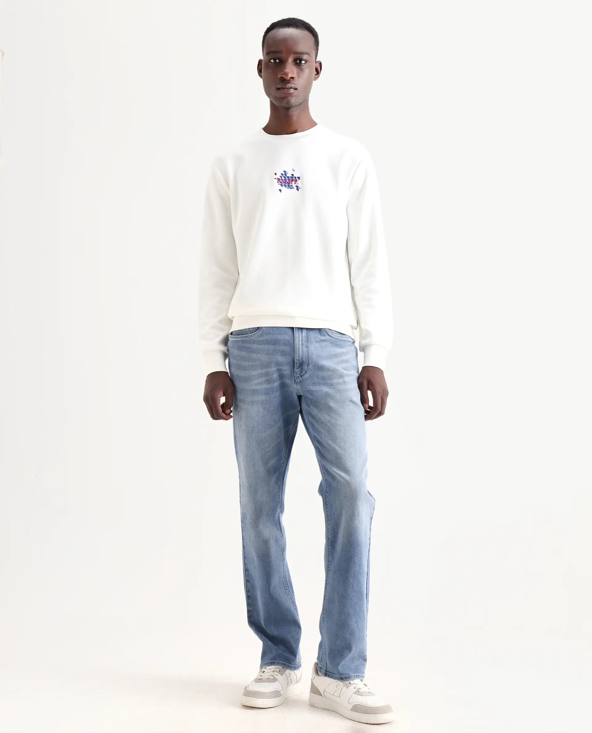 Rare Rabbit Men's Wavey Light Blue Cotton Blend Plain Morris Regular Fit Jeans