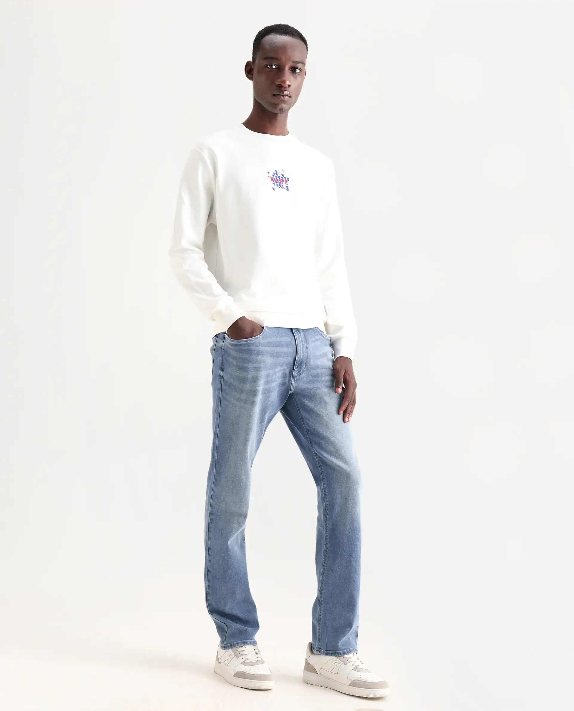 Rare Rabbit Men's Wavey Light Blue Cotton Blend Plain Morris Regular Fit Jeans