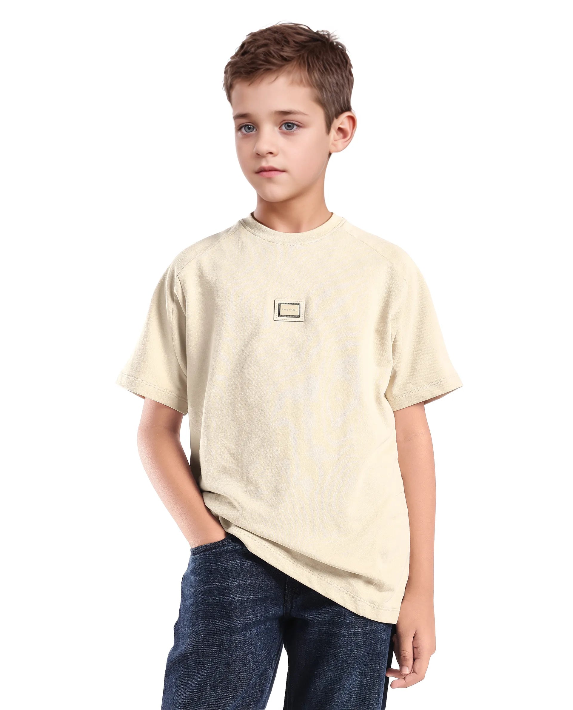 Rare Ones Kids Weke Light Beige Cotton Half Sleeves Cut And Sew Oversized T-Shirt