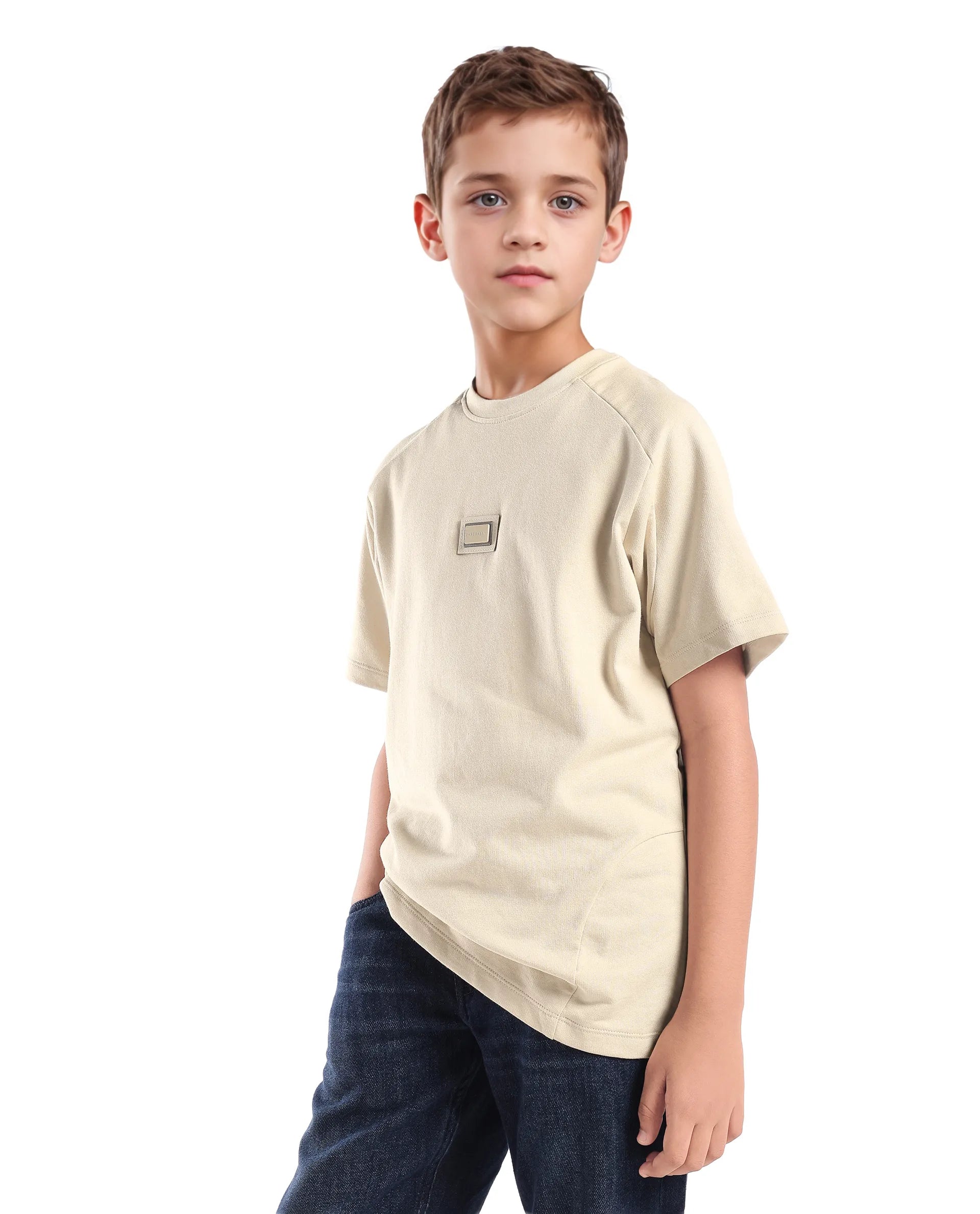 Rare Ones Kids Weke Light Beige Cotton Half Sleeves Cut And Sew Oversized T-Shirt