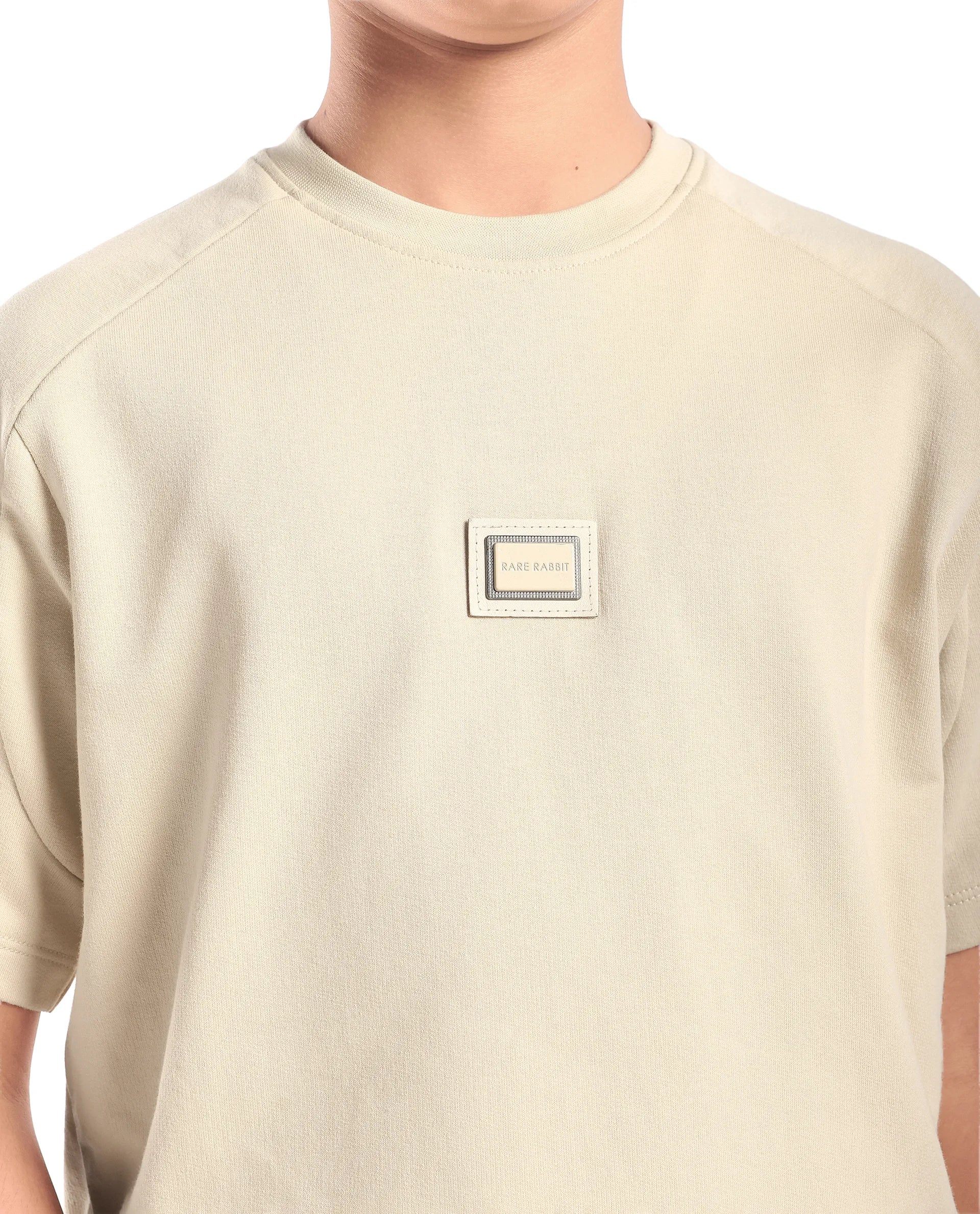 Rare Ones Kids Weke Light Beige Cotton Half Sleeves Cut And Sew Oversized T-Shirt