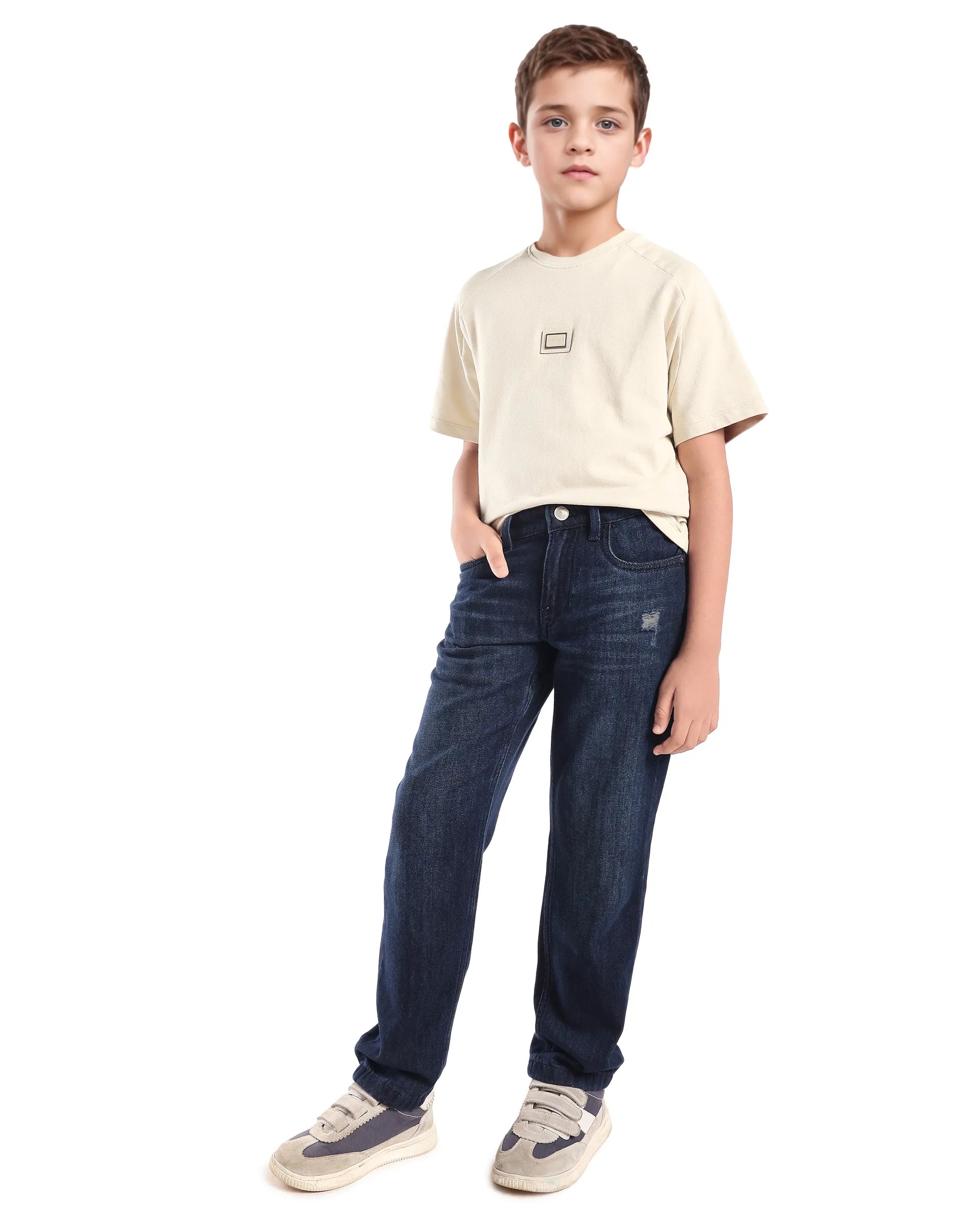 Rare Ones Kids Weke Light Beige Cotton Half Sleeves Cut And Sew Oversized T-Shirt