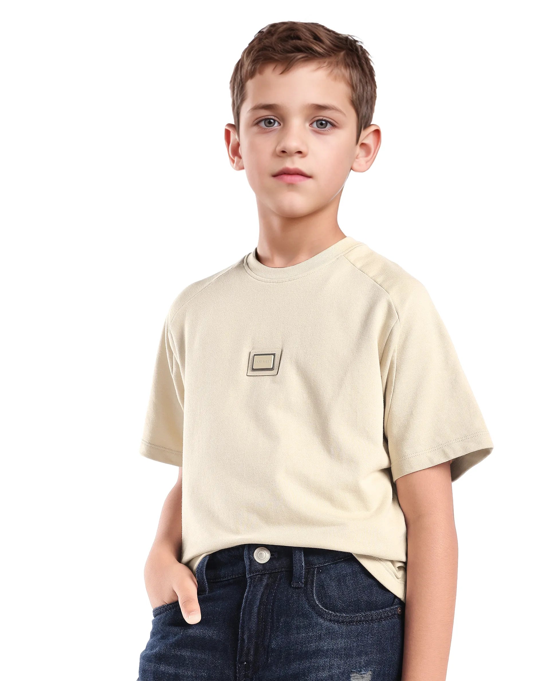 Rare Ones Kids Weke Light Beige Cotton Half Sleeves Cut And Sew Oversized T-Shirt