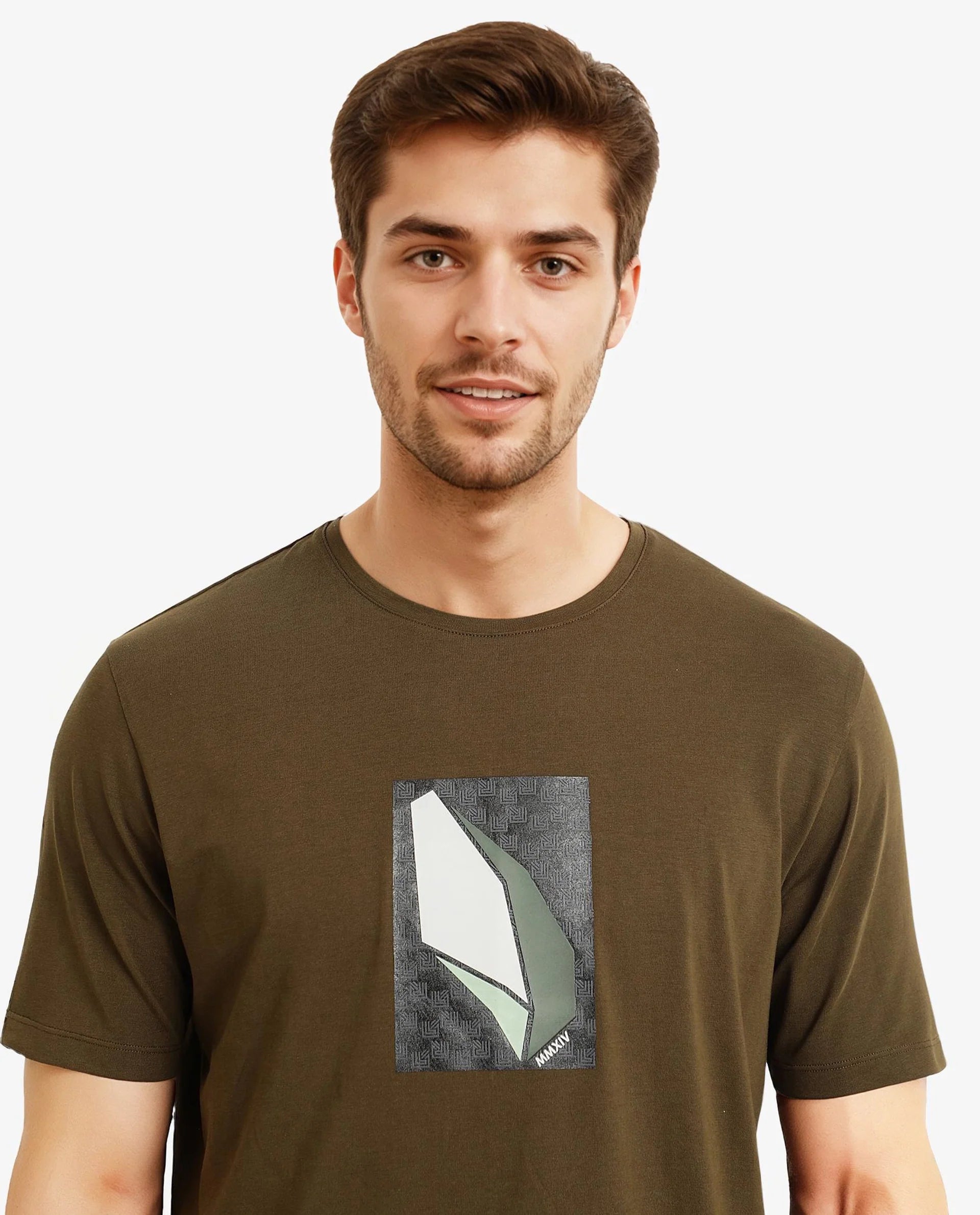 Rare Rabbit Men Well Dusky Green Cotton Lycra Fabric Short Sleeve Crew Neck Regular Fit Graphic Chest Print T-Shirt