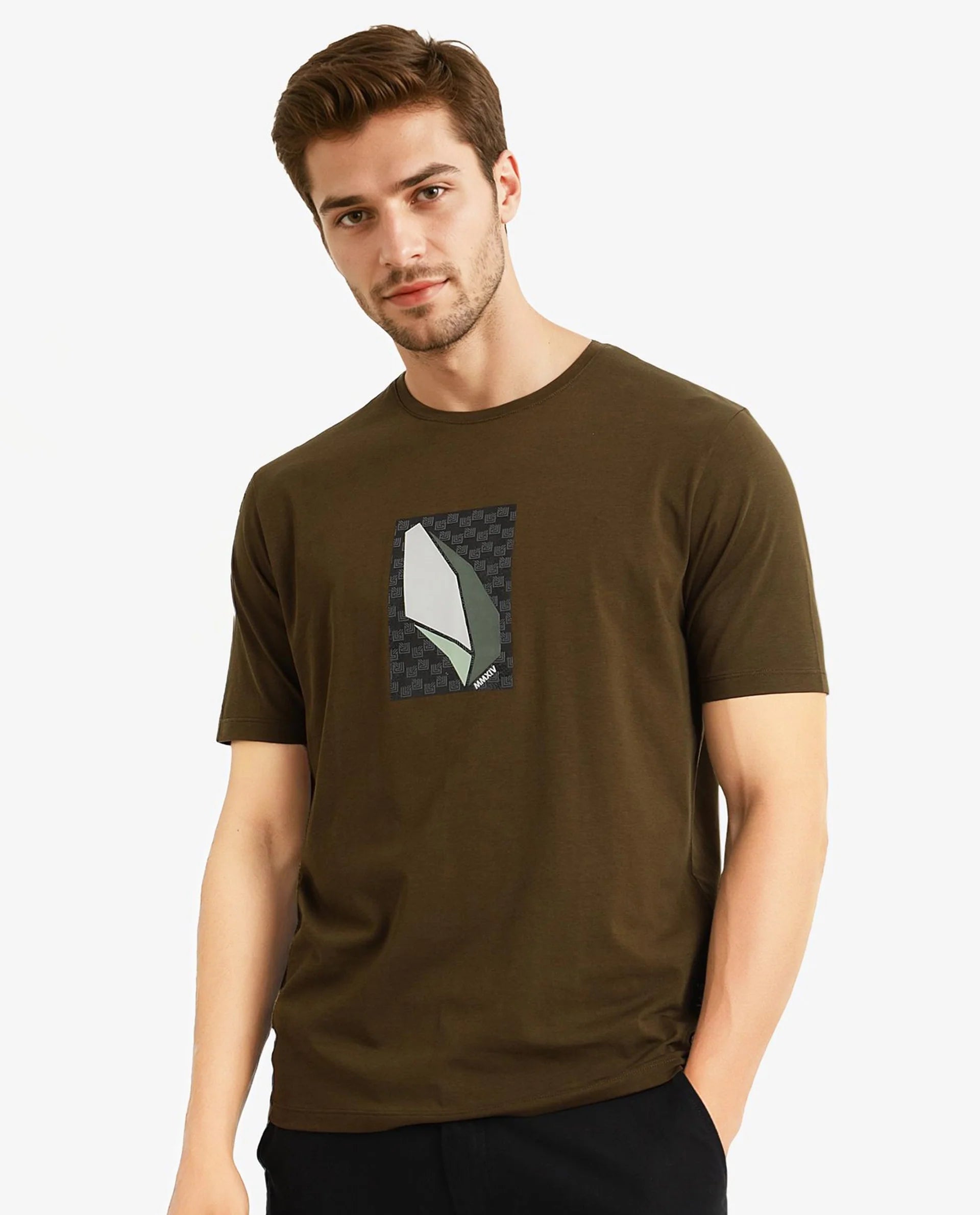 Rare Rabbit Men Well Dusky Green Cotton Lycra Fabric Short Sleeve Crew Neck Regular Fit Graphic Chest Print T-Shirt