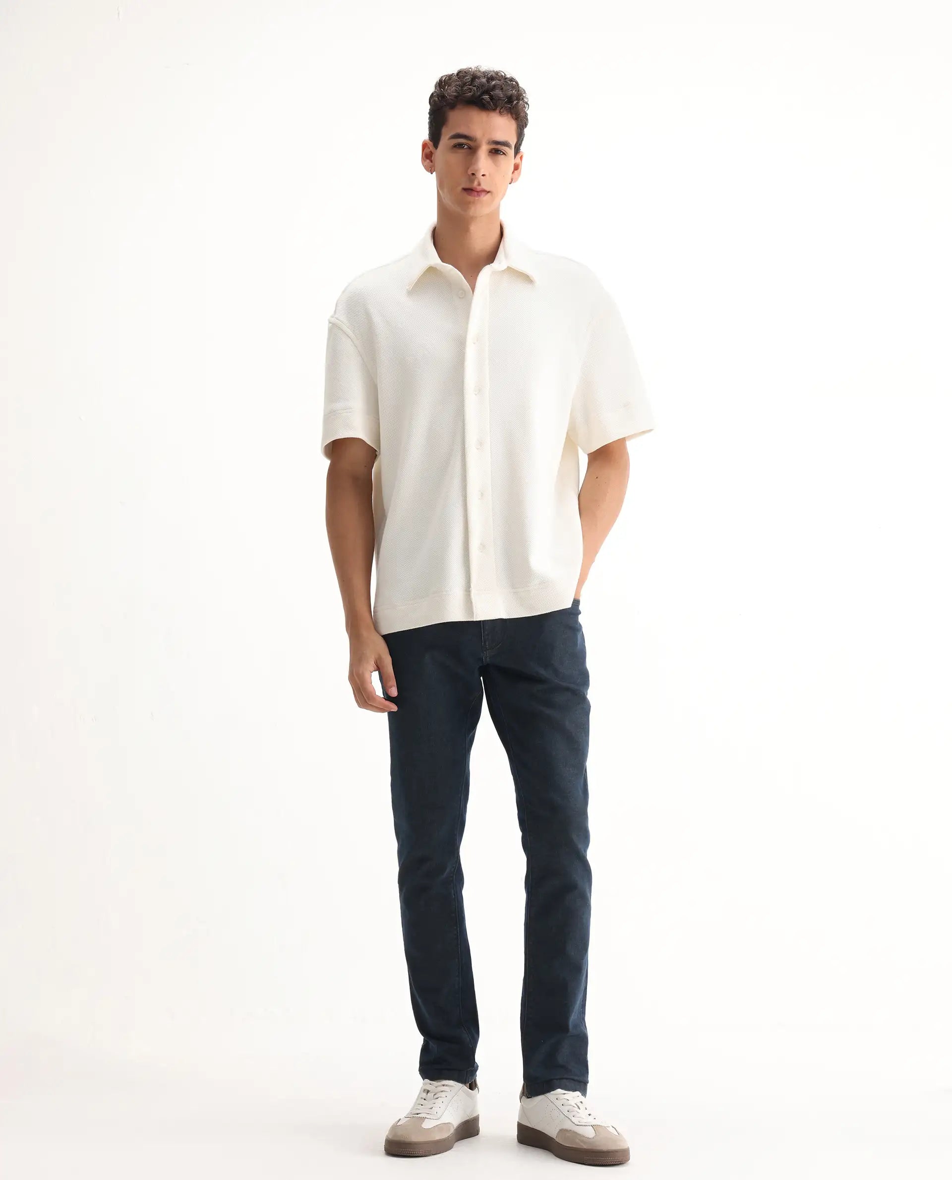 Rare Rabbit Men's Wells Navy Cotton Plain Hawk Slim Fit Jeans