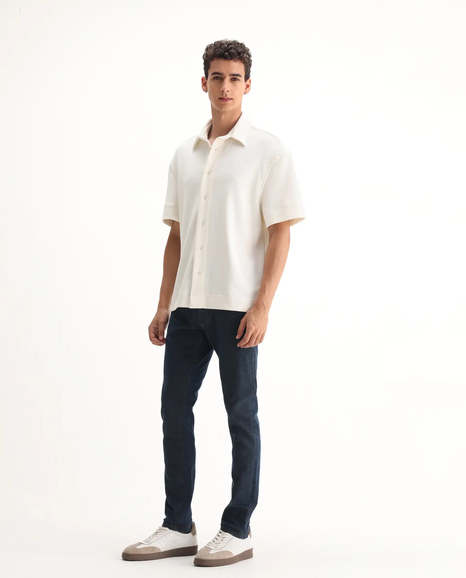 Rare Rabbit Men's Wells Navy Cotton Plain Hawk Slim Fit Jeans