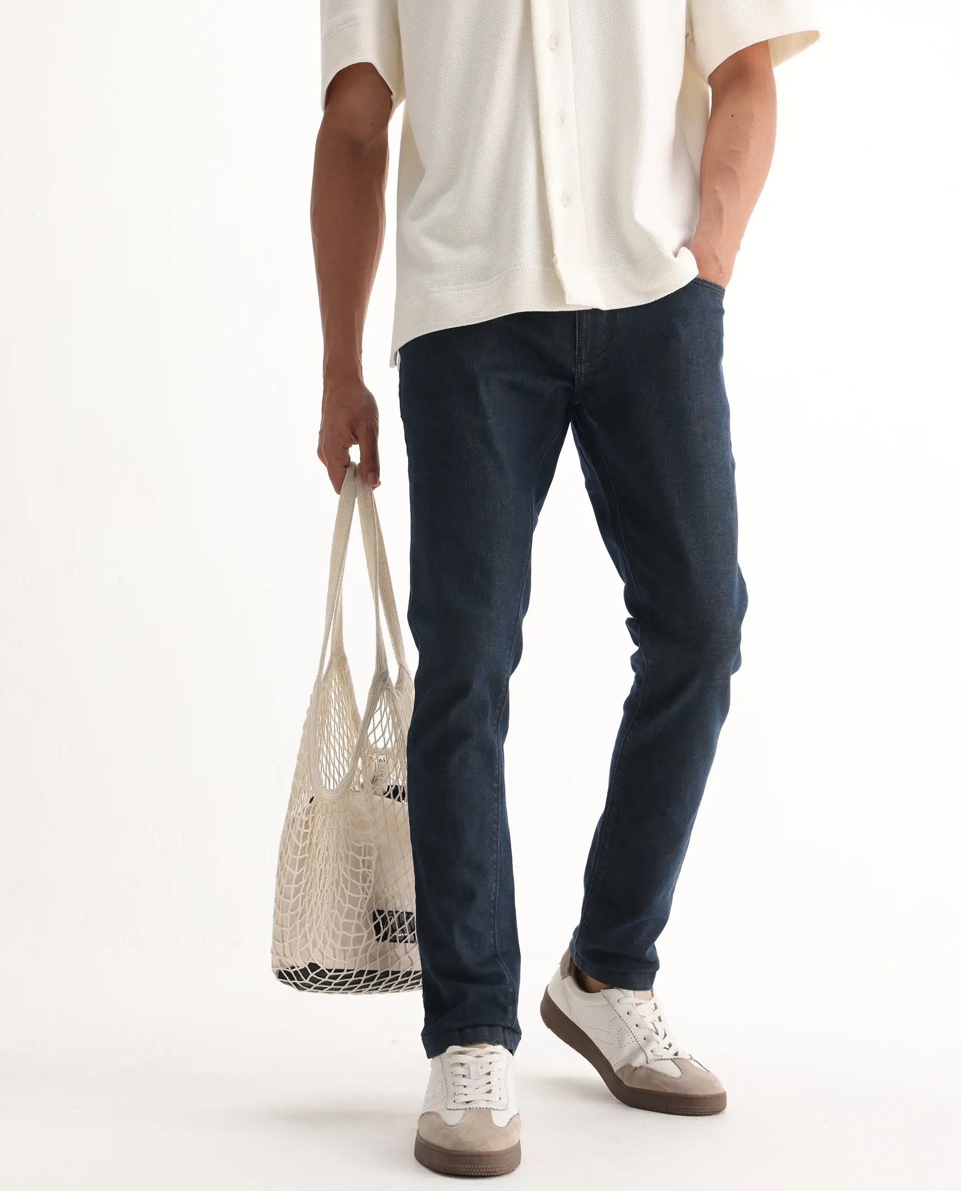 Rare Rabbit Men's Wells Navy Cotton Plain Hawk Slim Fit Jeans