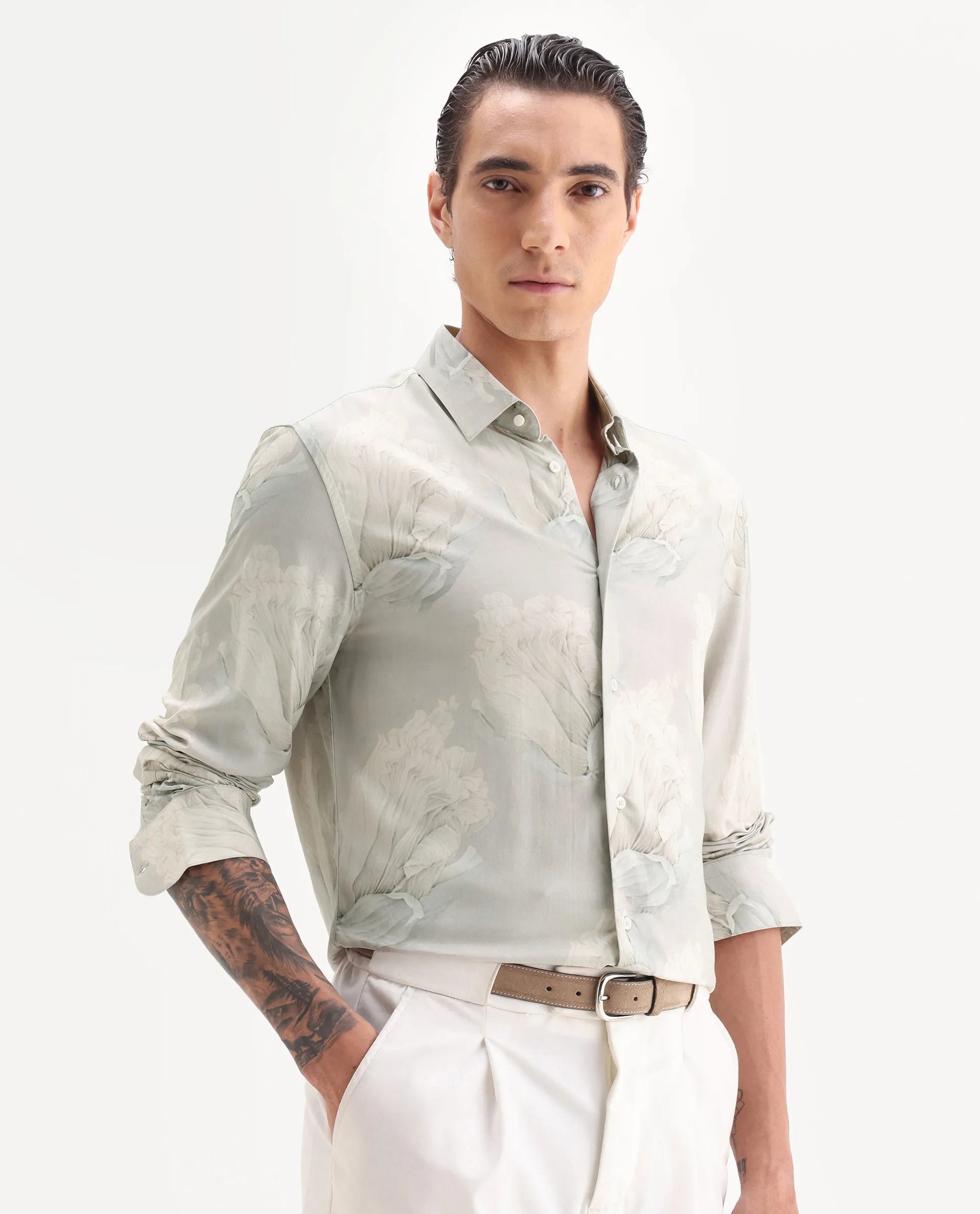 Rare Rabbit Men's Wexel Pastel Green Viscose Fabric Collared Neck Regular Fit Floral Print Shirt