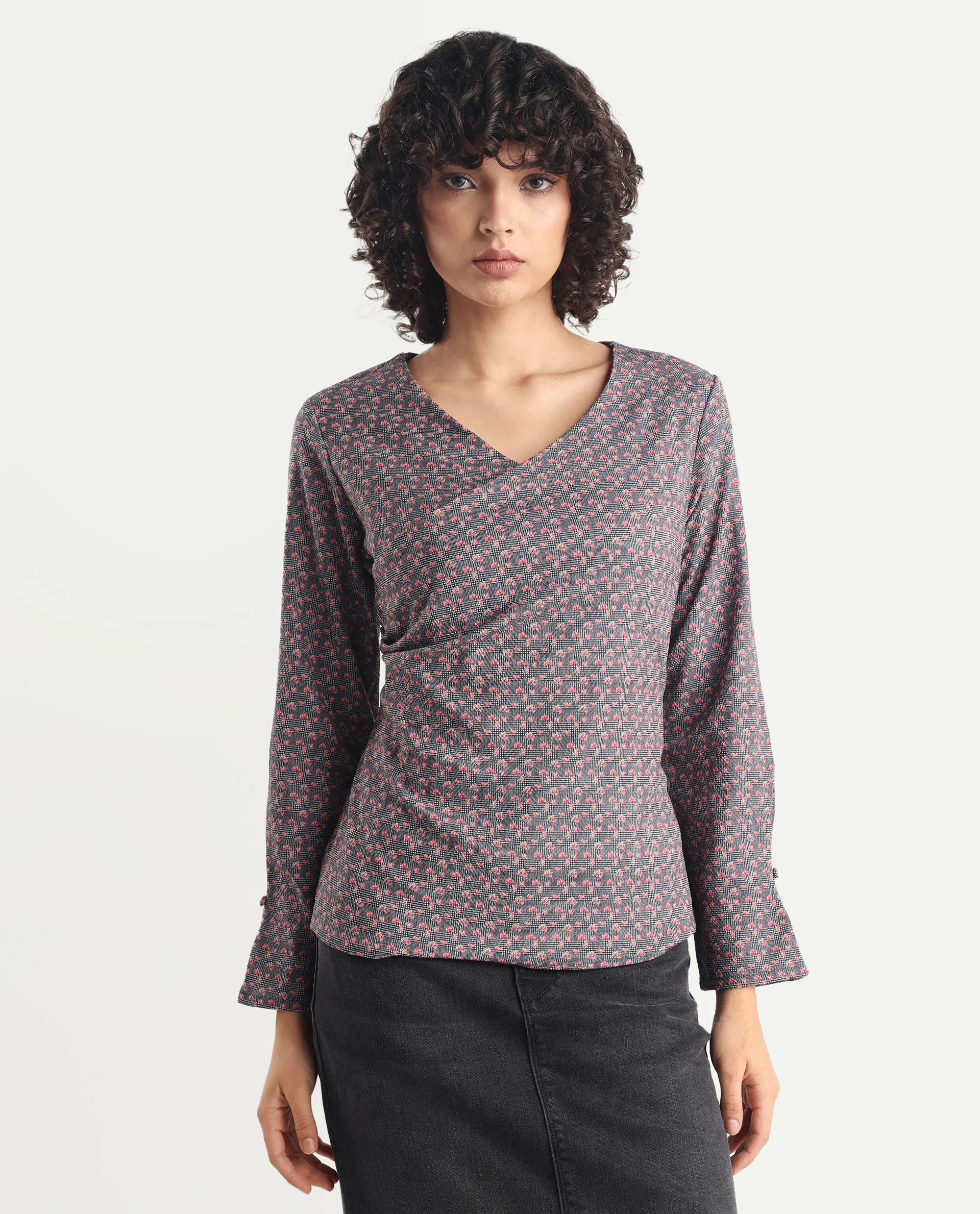 Rareism Women's Whabi Multi Cotton Blend V-Neck Floral Print Regular Fit Top