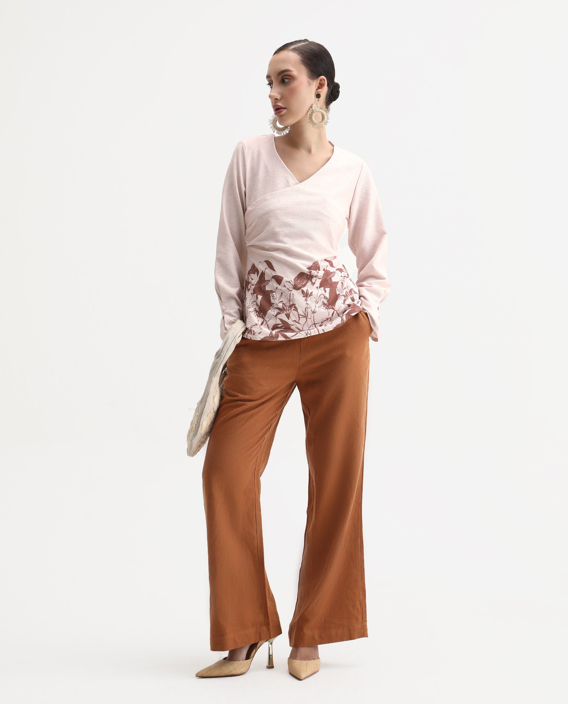 Rareism Women's Whas Beige Cotton Blend V-Neck Geometric Print Regular Fit Top