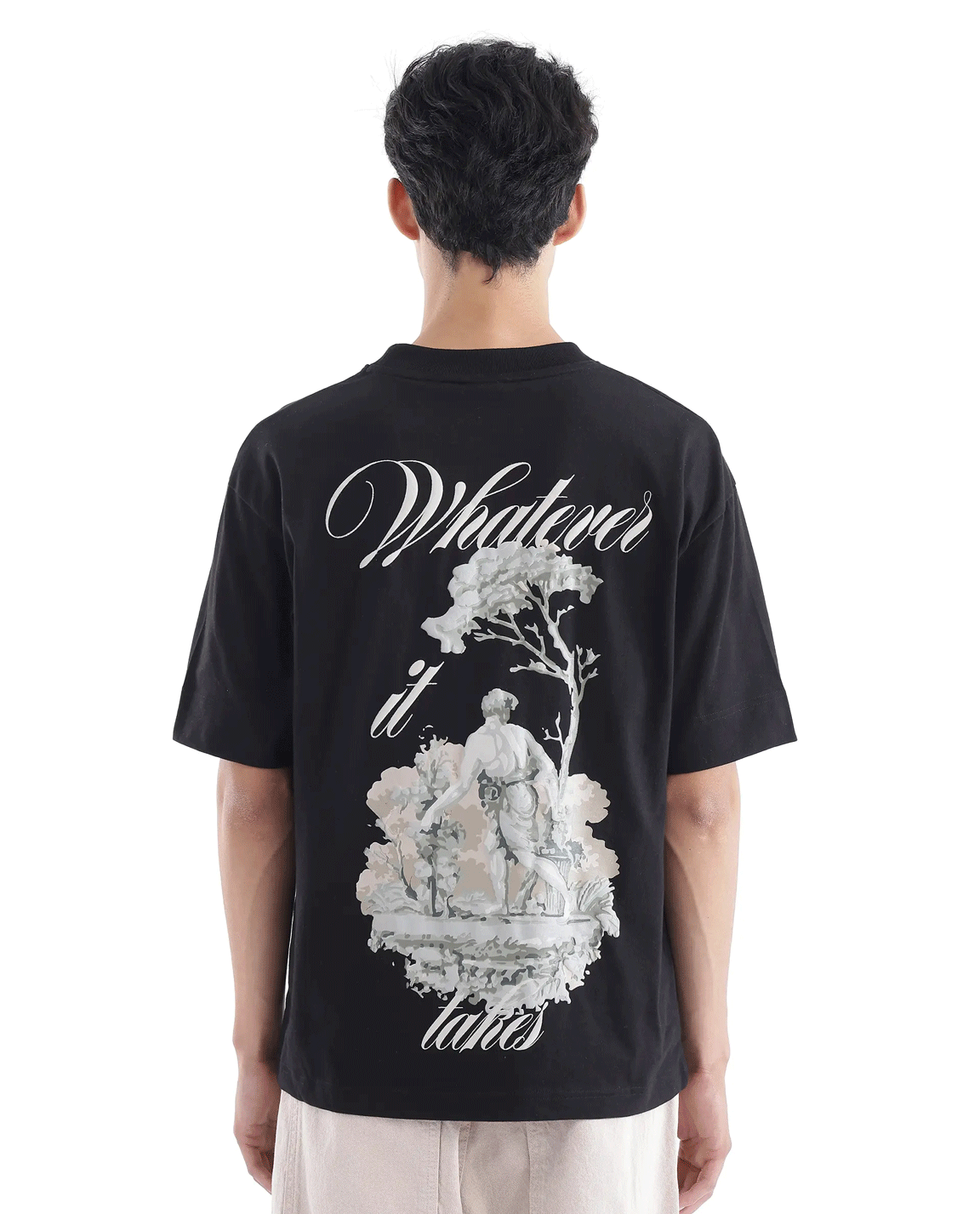 Rare Rabbit Men Whatevr Black Cotton Fabric Short Sleeve Crew Neck Oversized Fit Graphic Back Print T-Shirt