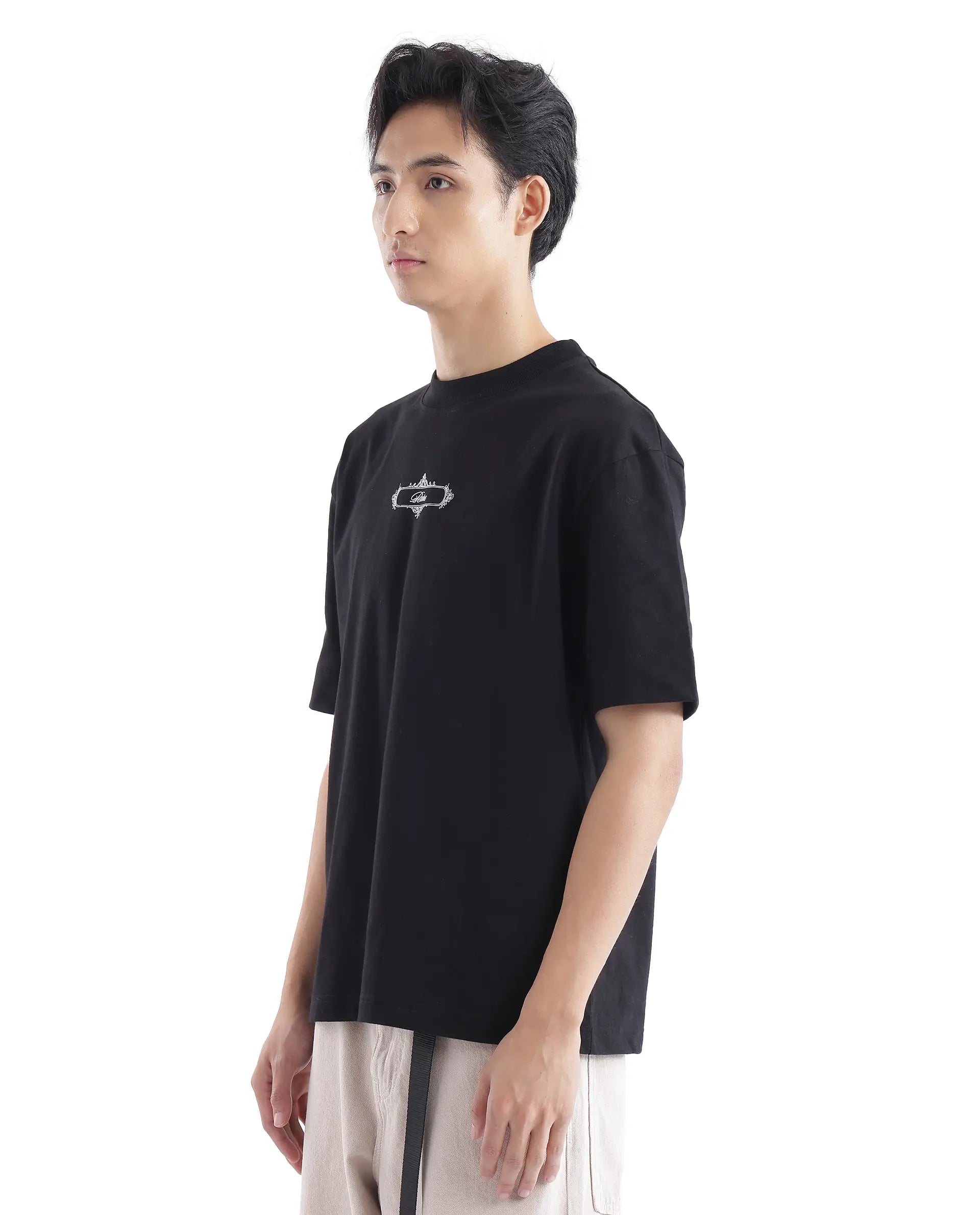 Rare Rabbit Men Whatevr Black Cotton Fabric Short Sleeve Crew Neck Oversized Fit Graphic Back Print T-Shirt