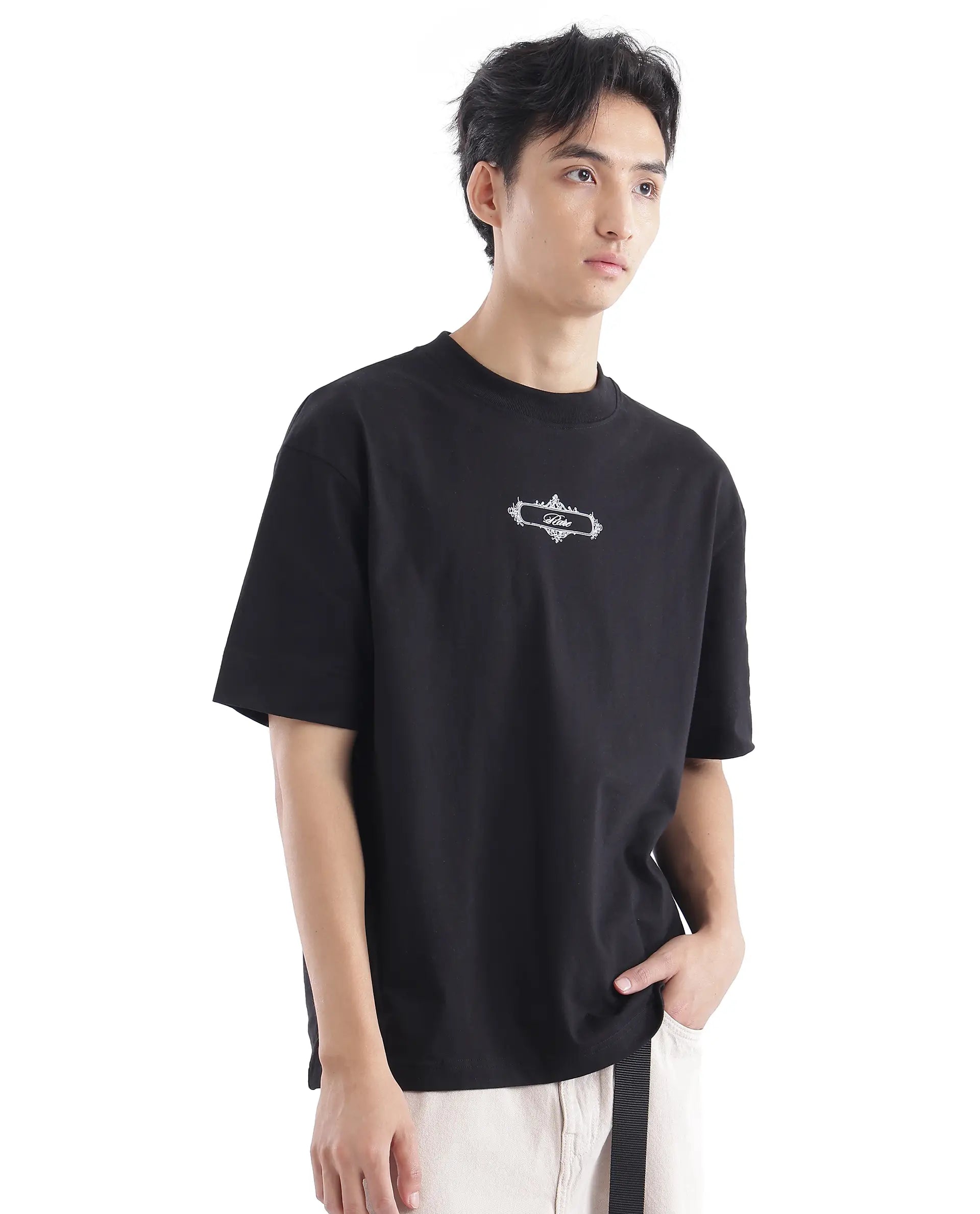 Rare Rabbit Men Whatevr Black Cotton Fabric Short Sleeve Crew Neck Oversized Fit Graphic Back Print T-Shirt