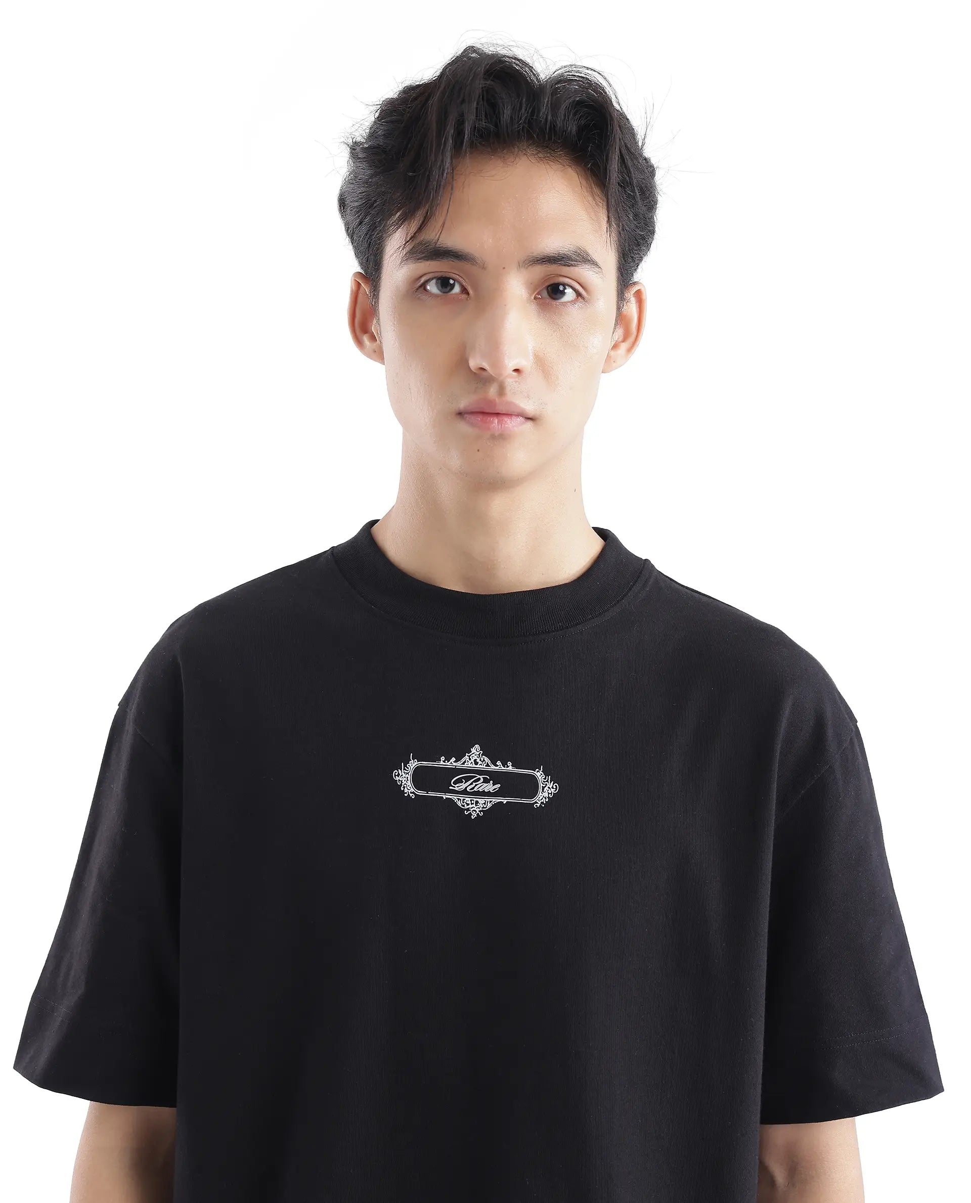 Rare Rabbit Men Whatevr Black Cotton Fabric Short Sleeve Crew Neck Oversized Fit Graphic Back Print T-Shirt