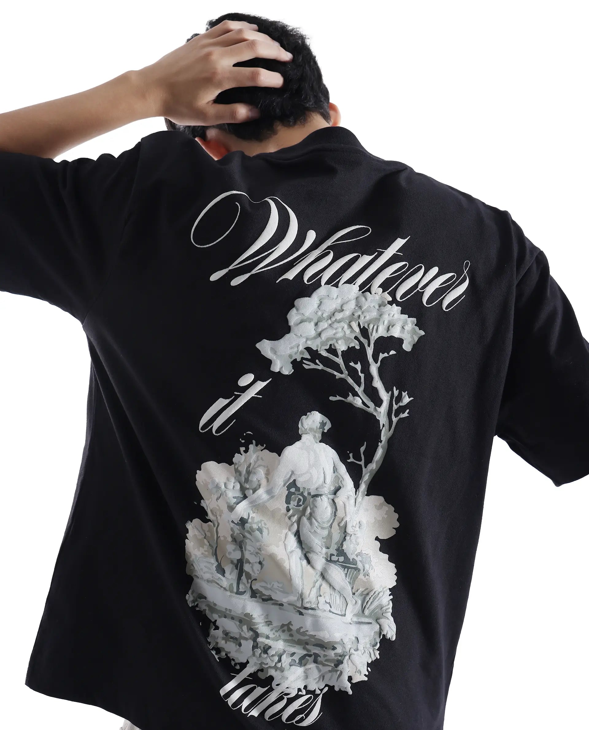 Rare Rabbit Men Whatevr Black Cotton Fabric Short Sleeve Crew Neck Oversized Fit Graphic Back Print T-Shirt