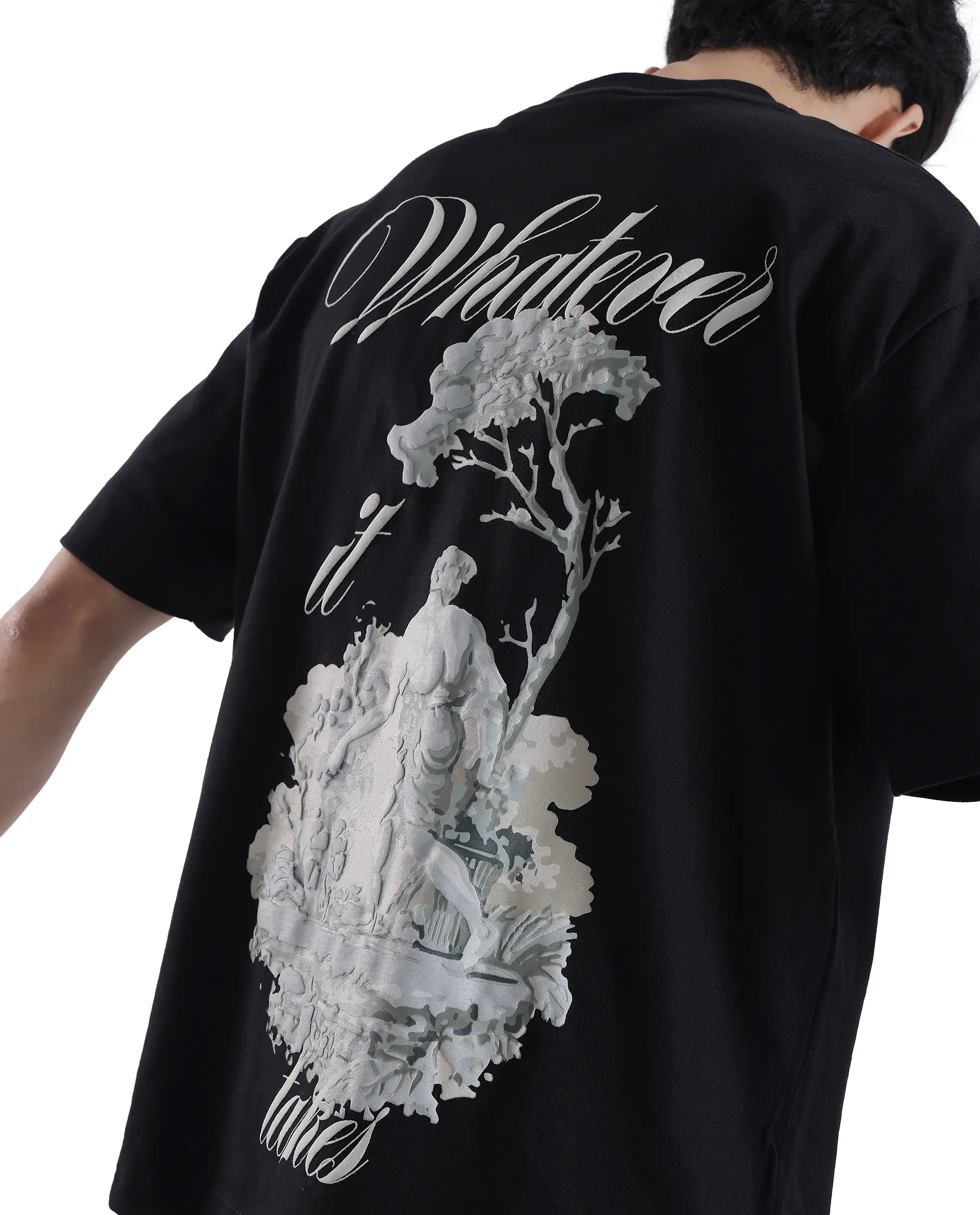 Rare Rabbit Men Whatevr Black Cotton Fabric Short Sleeve Crew Neck Oversized Fit Graphic Back Print T-Shirt