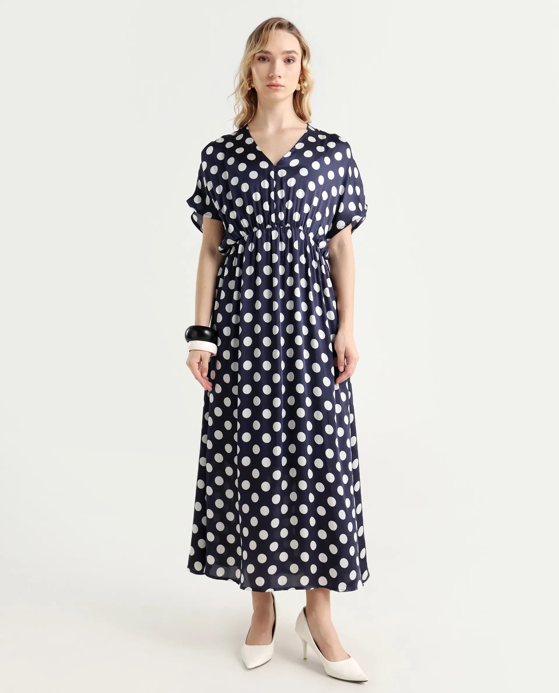 Rareism Women's Wicked Blue Modal Blend V-Neck Polka Print Extended Sleeves Maxi Regular Fit Dress
