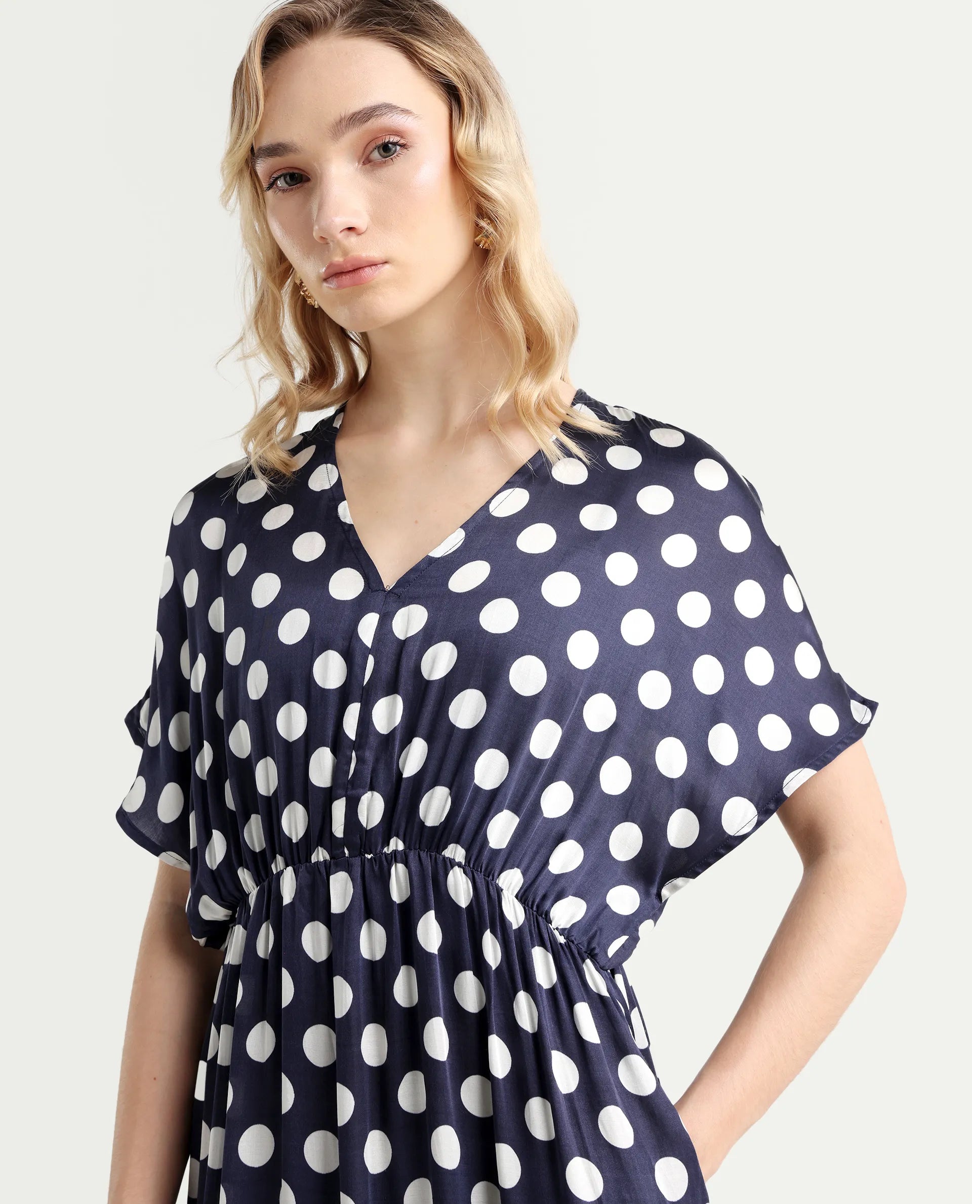 Rareism Women's Wicked Blue Modal Blend V-Neck Polka Print Extended Sleeves Maxi Regular Fit Dress