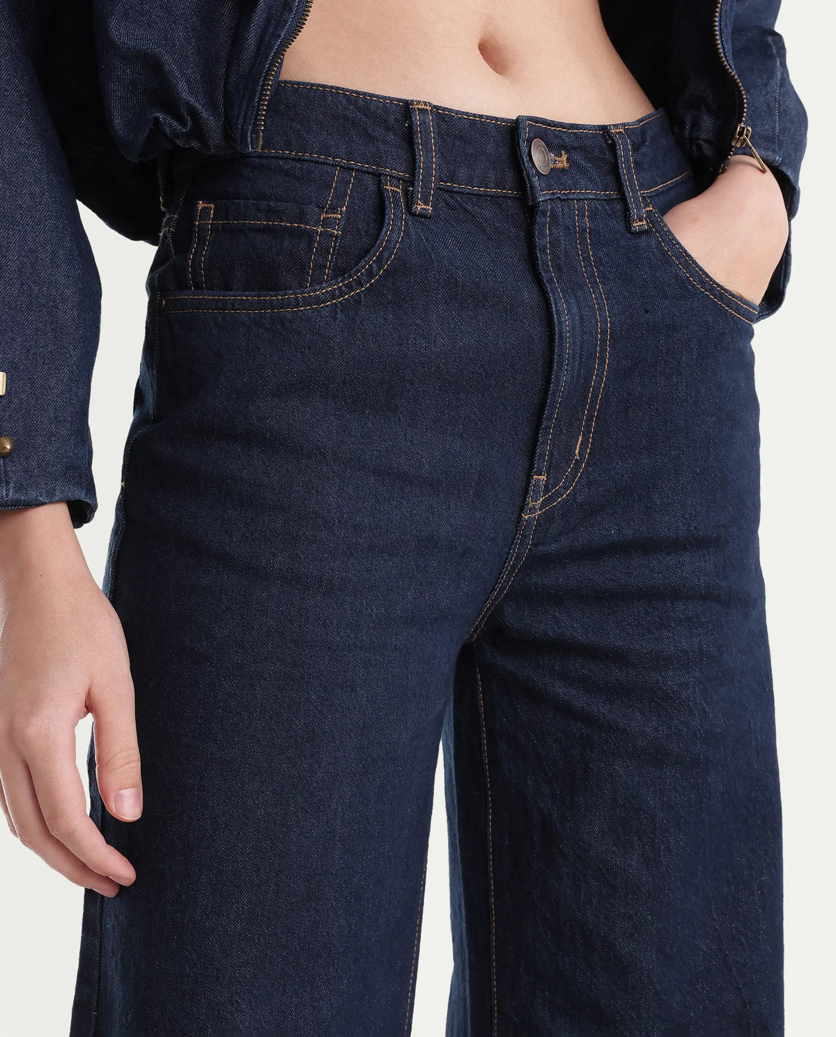 Rareism Womens Wyde-1 Dark Navy Cotton Sculpt High Wide Plain Jeans