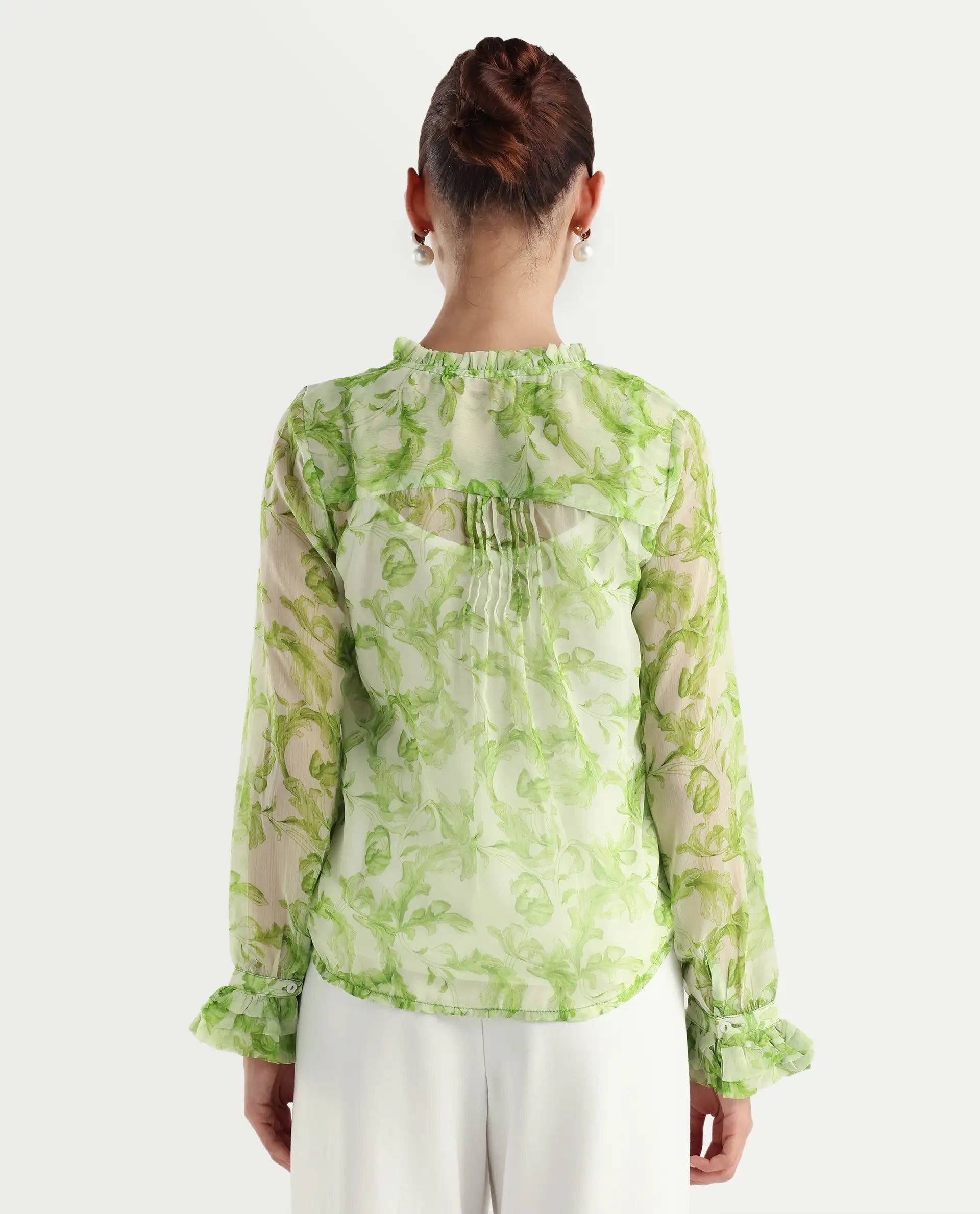Rareism Women's Willow Green Polyester Tie-Up Neck Tropical Print Ruffled Sleeve Regular Fit Top