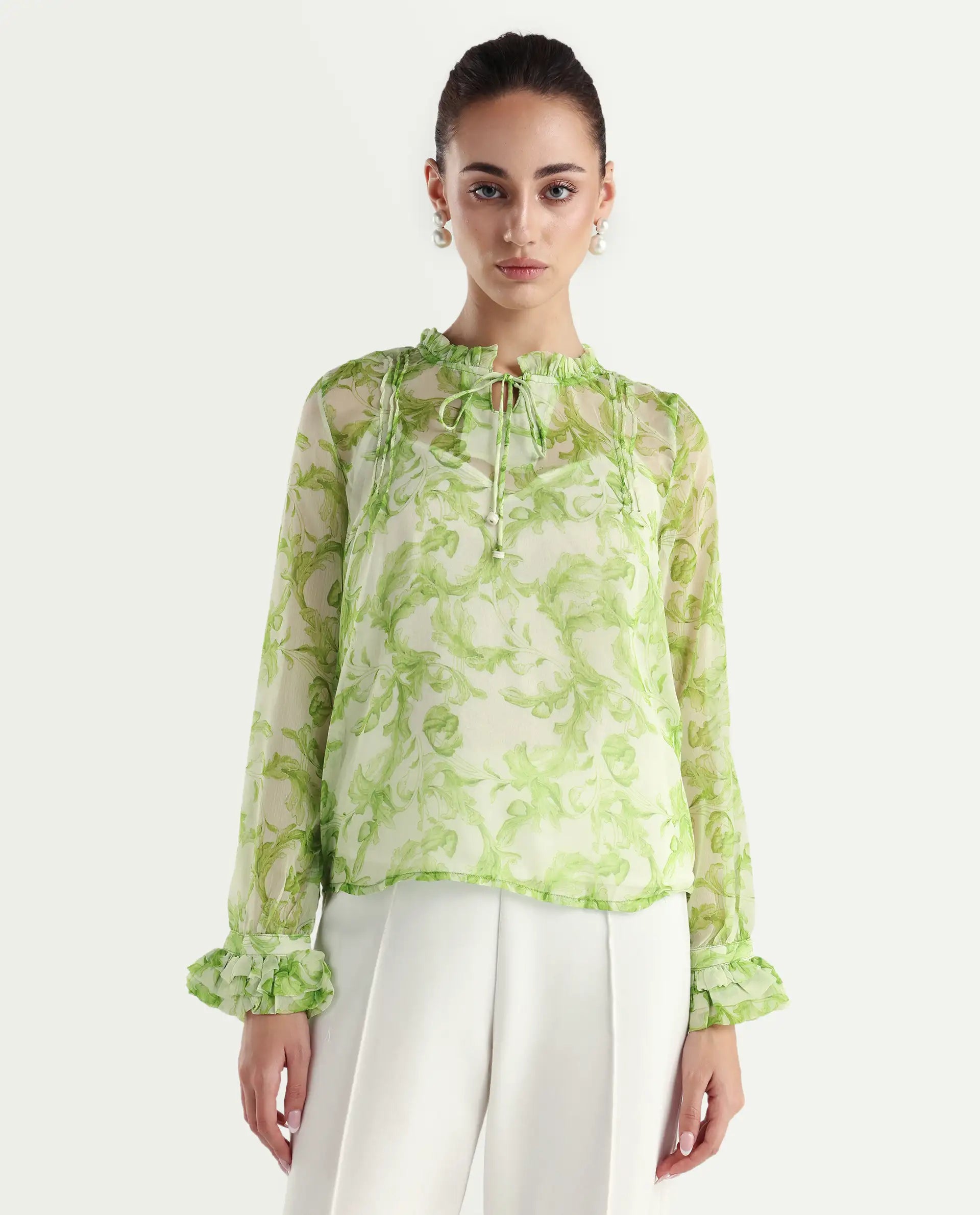 Rareism Women's Willow Green Polyester Tie-Up Neck Tropical Print Ruffled Sleeve Regular Fit Top