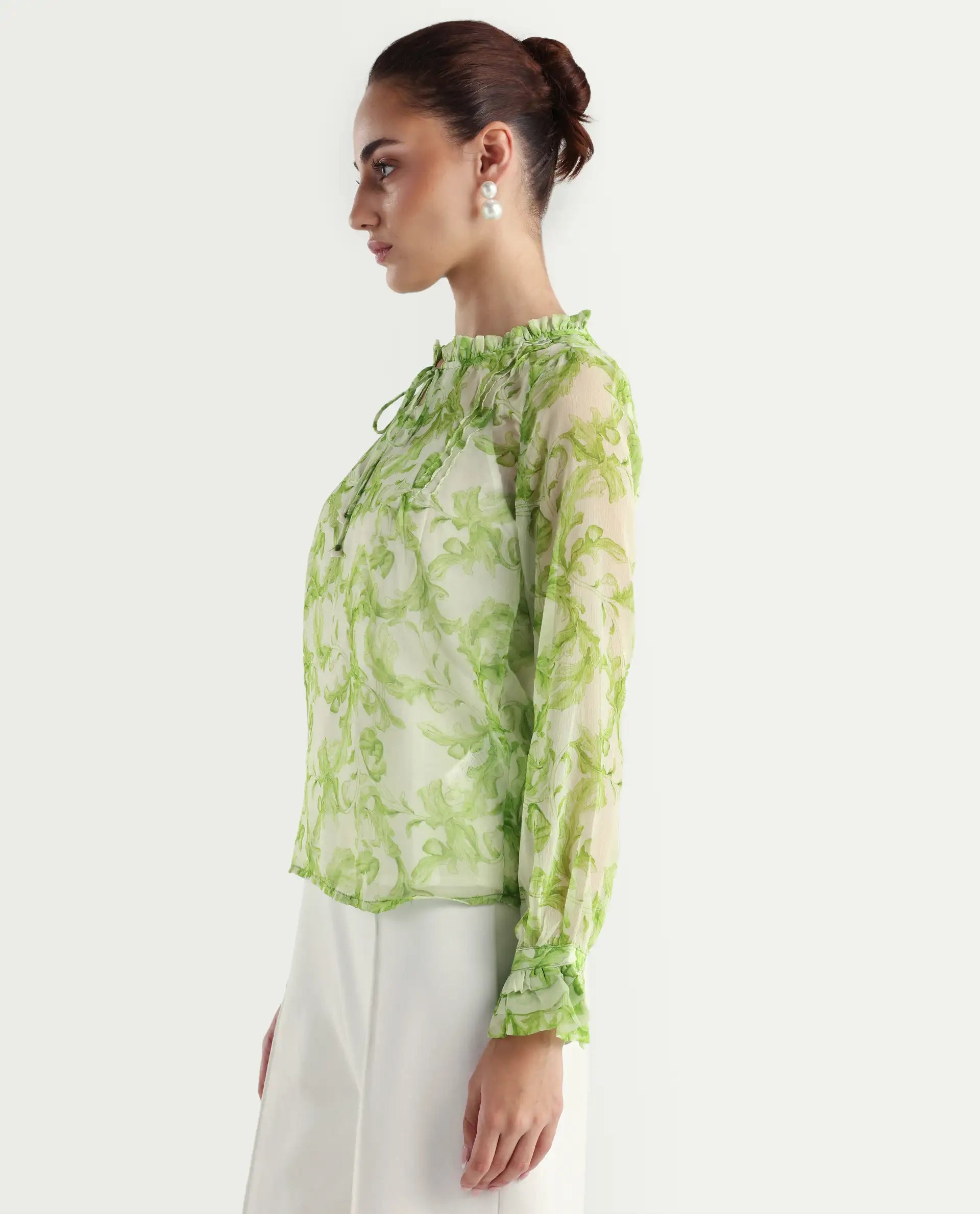 Rareism Women's Willow Green Polyester Tie-Up Neck Tropical Print Ruffled Sleeve Regular Fit Top